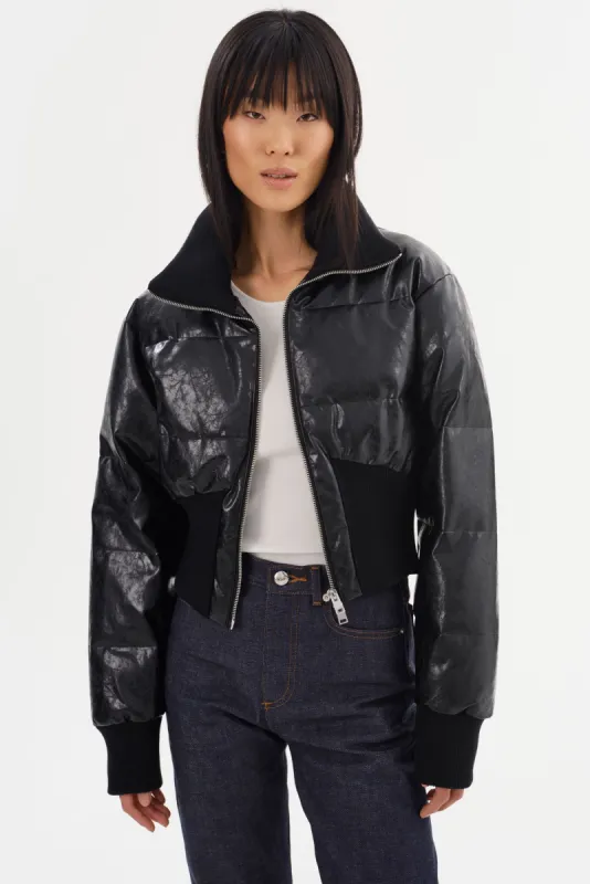 LUMINA | Cropped Faux Leather Puffer Jacket sold by La Marque