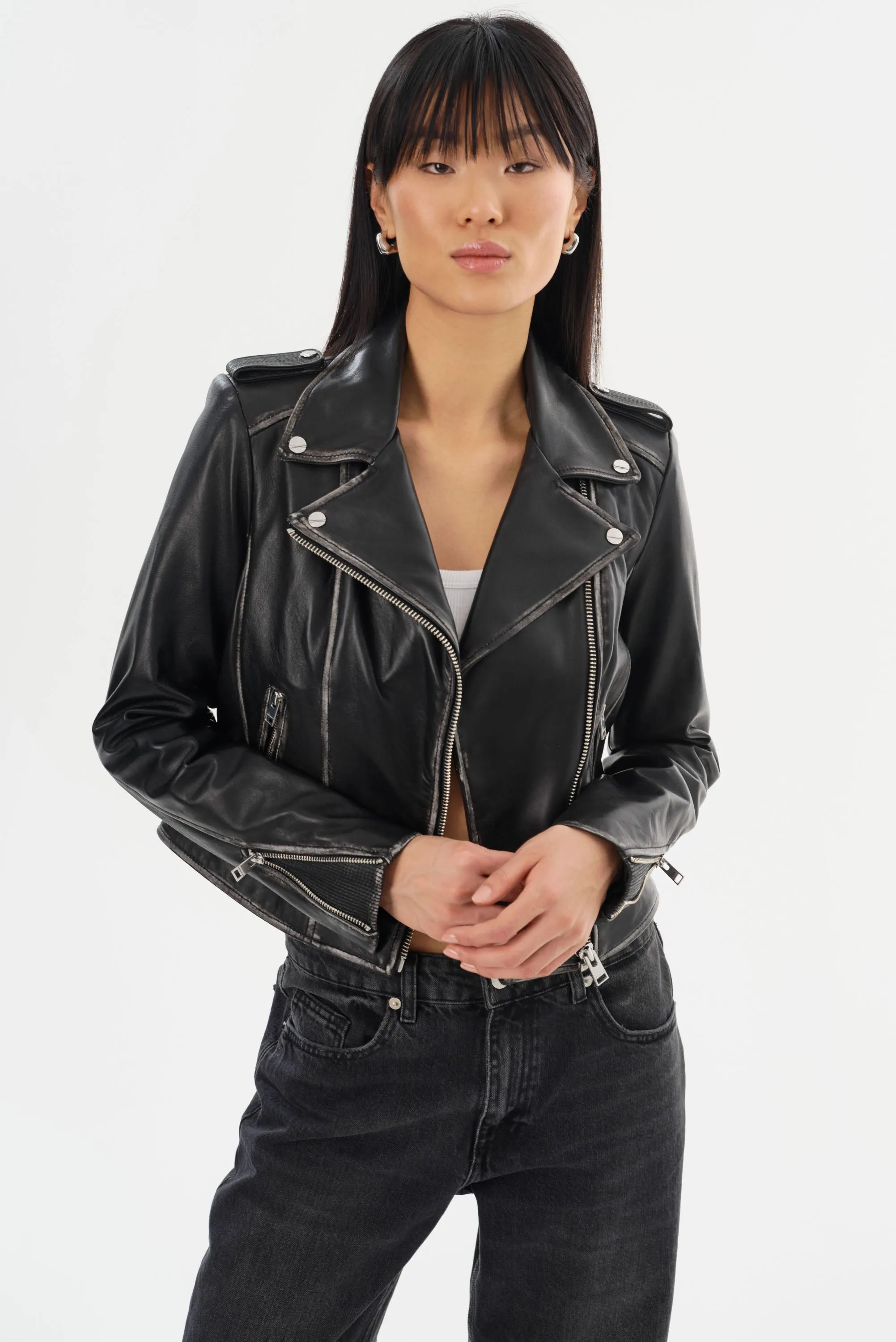HOLY | Leather Biker Jacket with Removable Hood sold by LAMARQUE