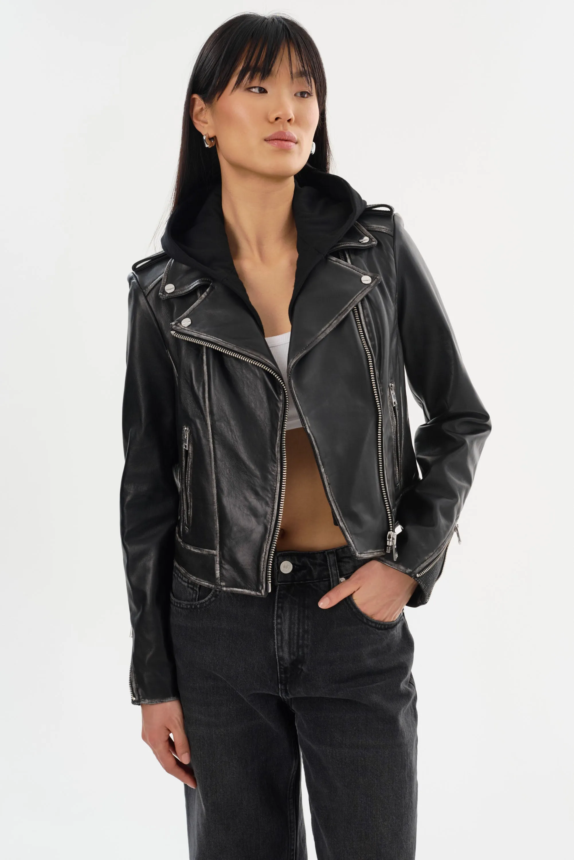 HOLY | Leather Biker Jacket with Removable Hood sold by LAMARQUE product image thumbnail 4