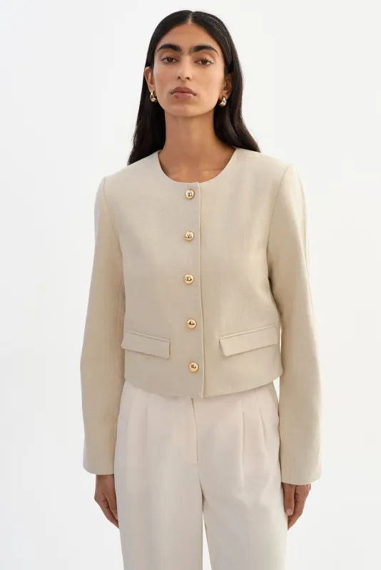 FRANCINA | Collarless Linen Blend Twill Jacket made by LAMARQUE
