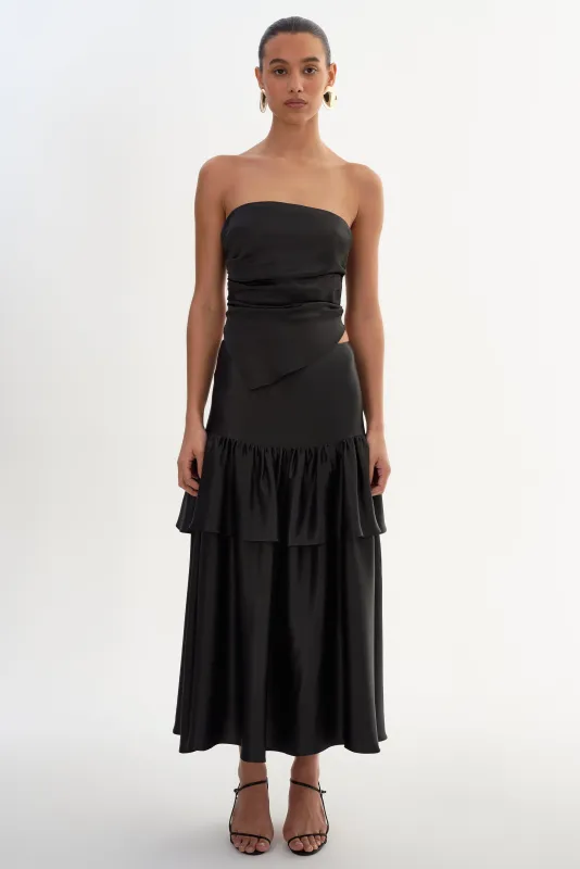 CHALINA | Ruffle Satin Midi Skirt made by LAMARQUE