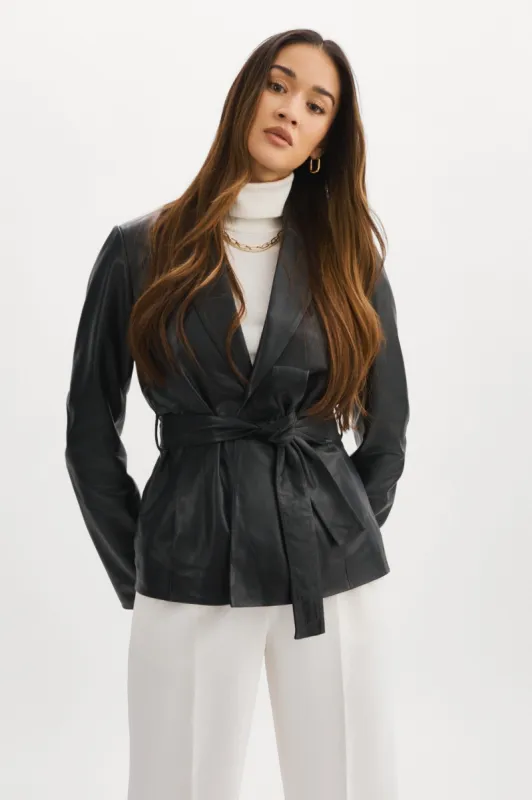 ARSENI | Black Belted Leather Blazer sold by La Marque