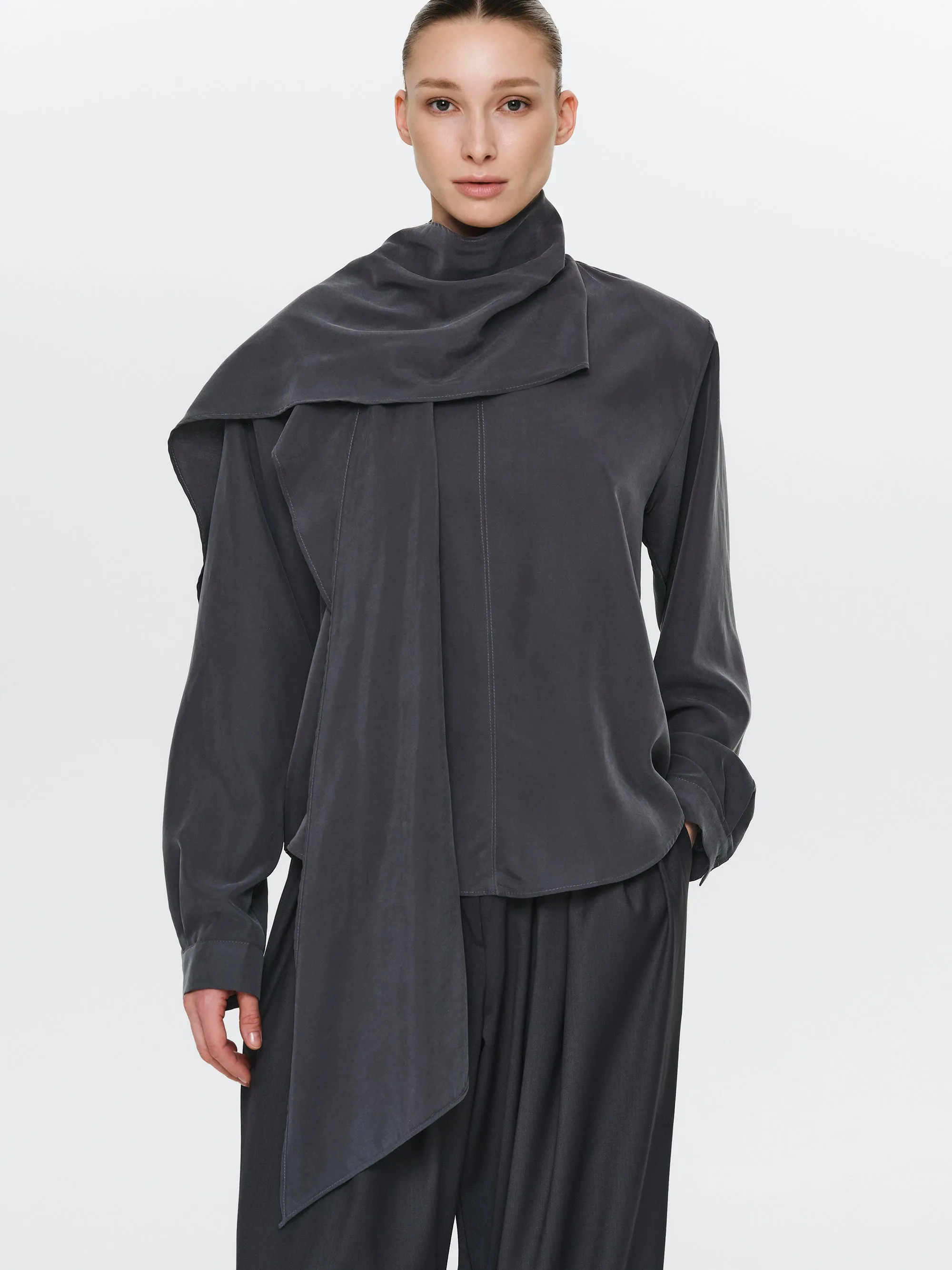 Scarf Tencel Blouse, Charcoal sold by Source Unknown product image thumbnail 3