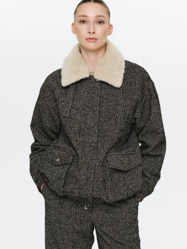 Shearling Collar Wool Bomber Jacket, Black sold by Source Unknown