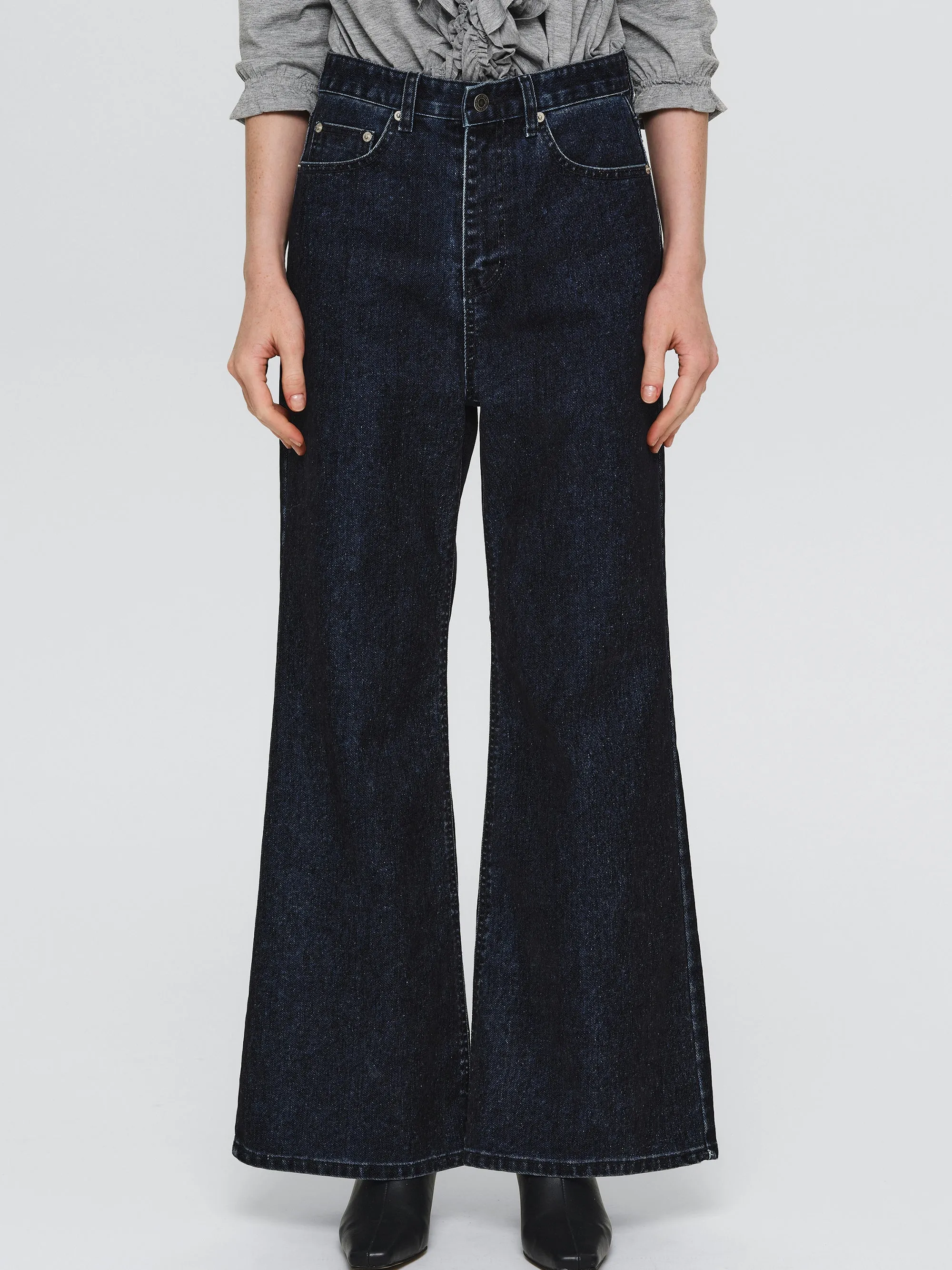 Flared Flocked Jeans, Navy sold by Source Unknown