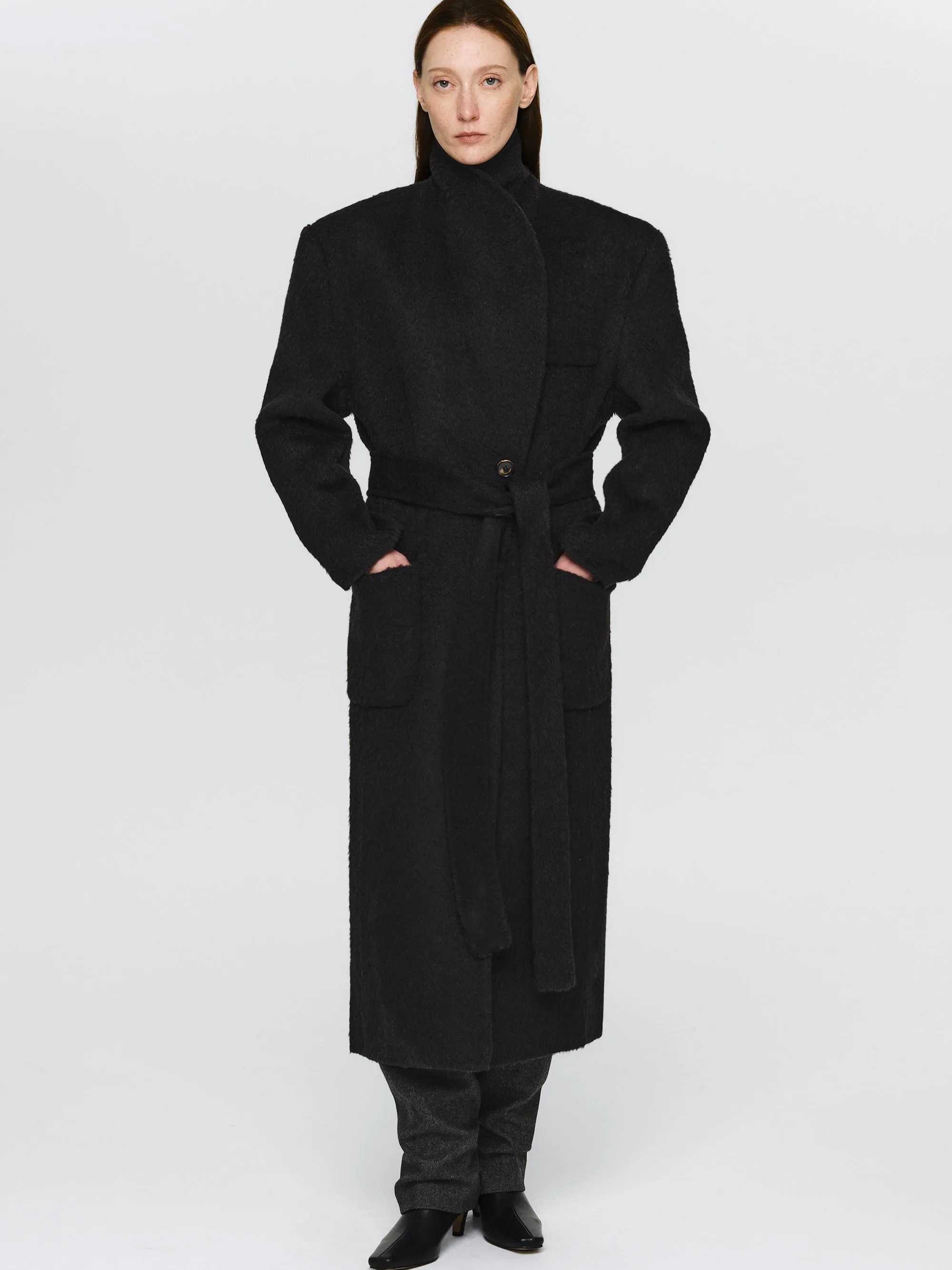 Cinched Robe Long Coat, Black sold by Source Unknown
