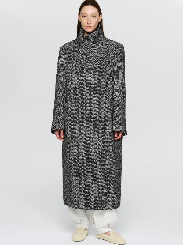 Shawl-Collar Herringbone Coat, Black sold by Source Unknown