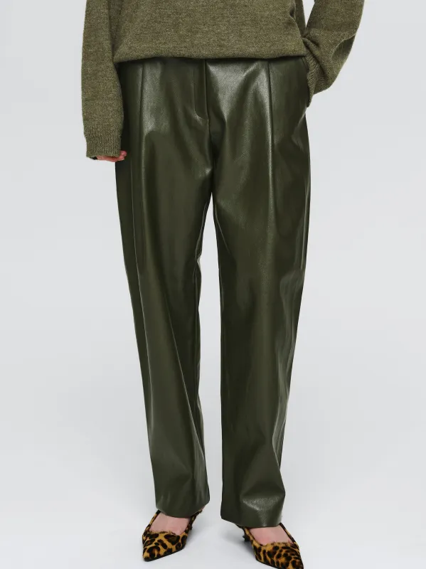 Faux-Leather Tapered Pants, Olive sold by Source Unknown