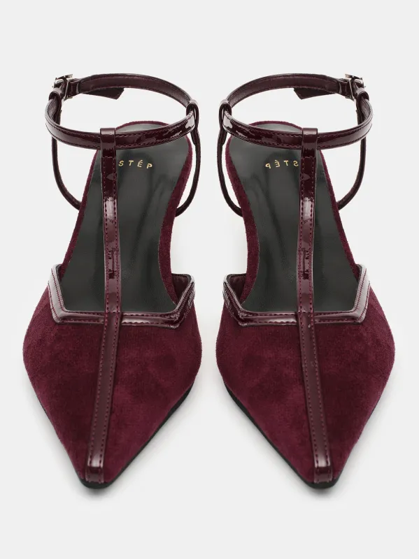 T-Strap Suede Slingback Heels, Plum sold by Source Unknown