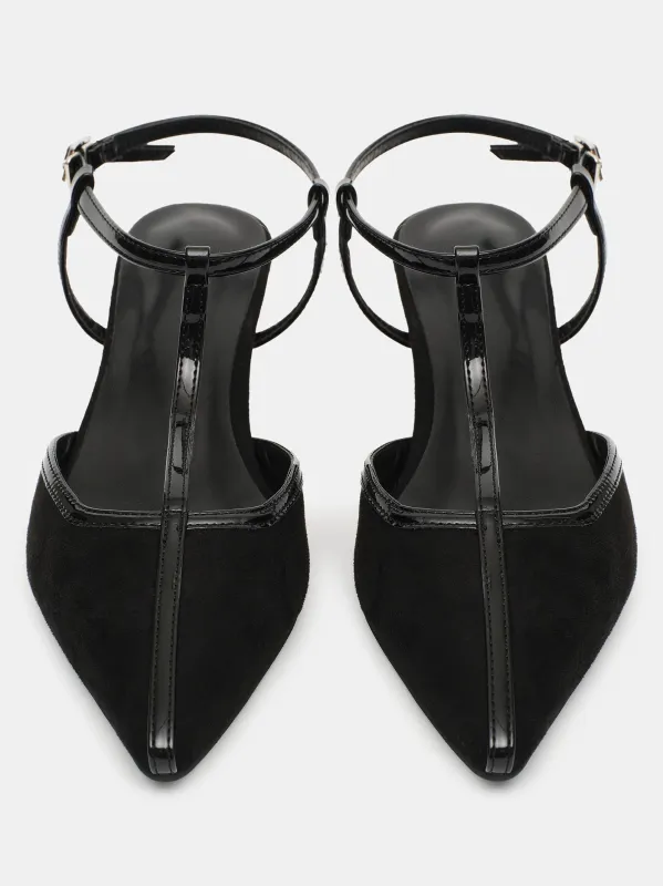 T-Strap Suede Slingback Heels, Black sold by Source Unknown