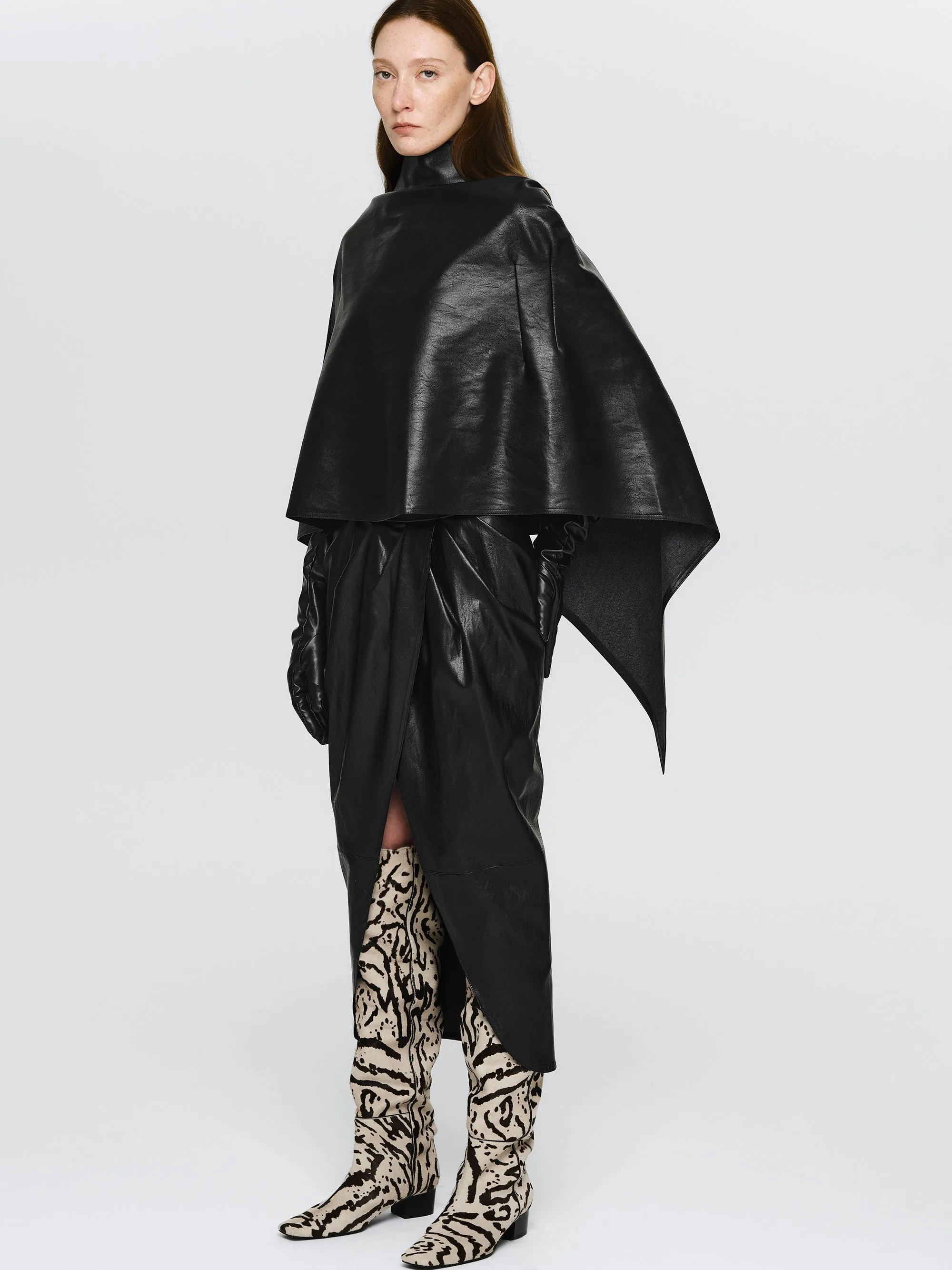 Faux-Leather Ruched Skirt, Black sold by Source Unknown