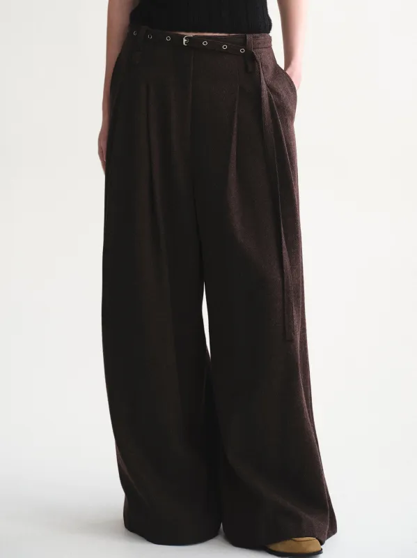 Belted Wool Trousers, Brown sold by Source Unknown