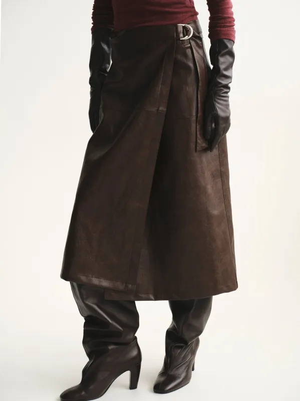 Cinch Belt Faux-Leather Skirt, Brown sold by Source Unknown