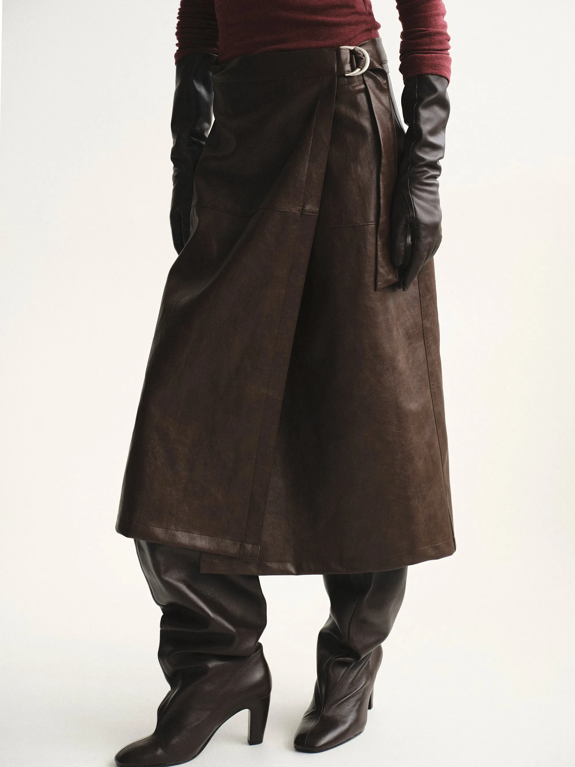 Cinch Belt Faux-Leather Skirt, Brown sold by Source Unknown