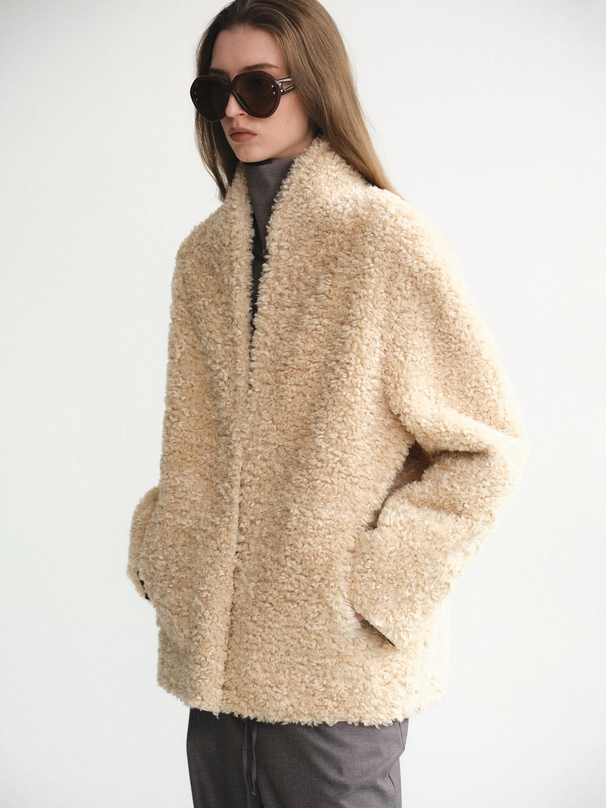 Shawl-Collar Shearling Jacket, Beige sold by Source Unknown product image thumbnail 2