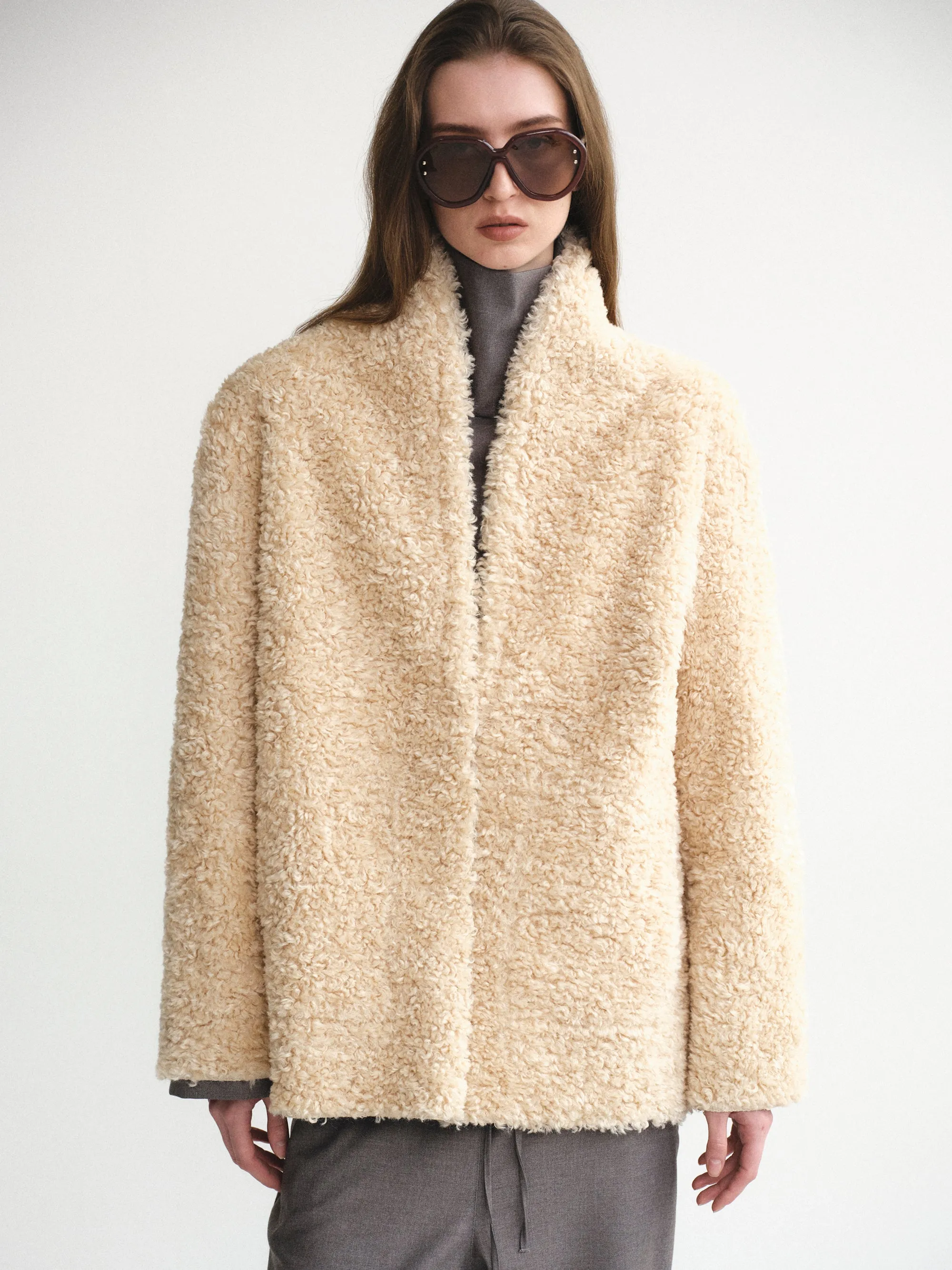 Shawl-Collar Shearling Jacket, Beige sold by Source Unknown product image thumbnail 3