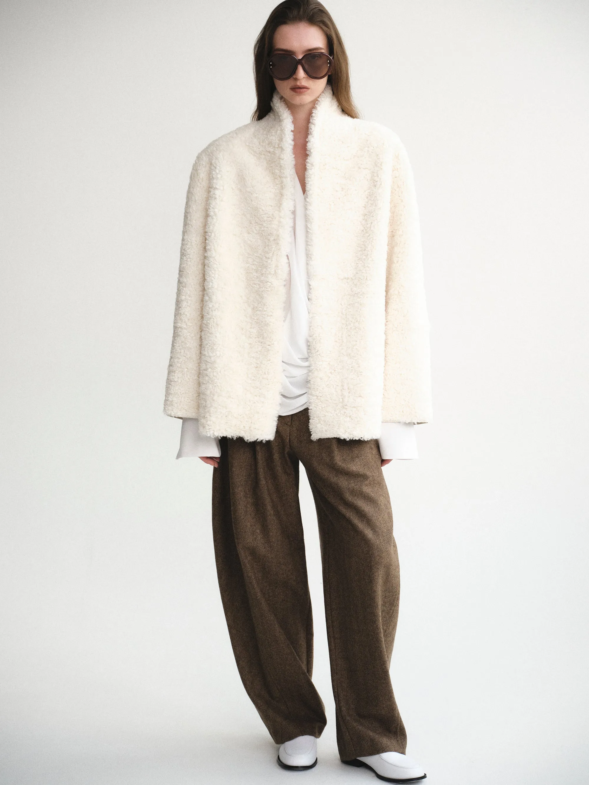 Shawl-Collar Shearling Jacket, Ivory sold by Source Unknown