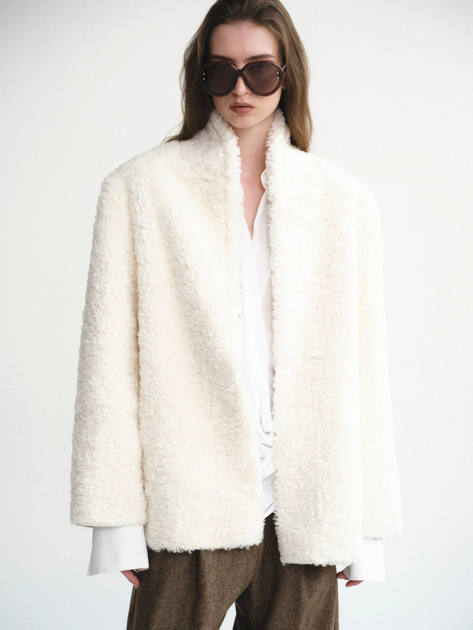 Shawl-Collar Shearling Jacket, Ivory sold by Source Unknown product image thumbnail 3