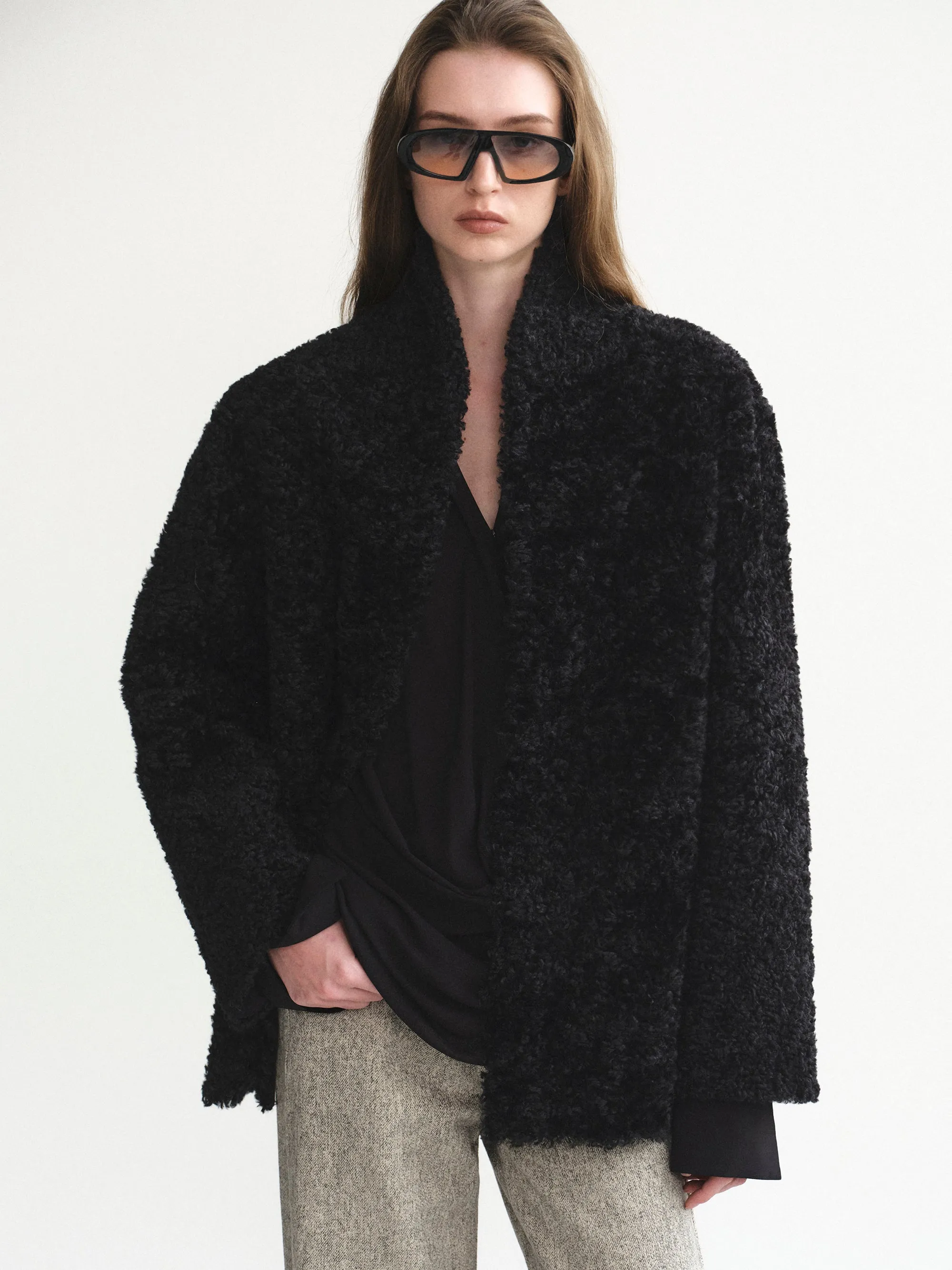 Shawl-Collar Shearling Jacket, Black sold by Source Unknown