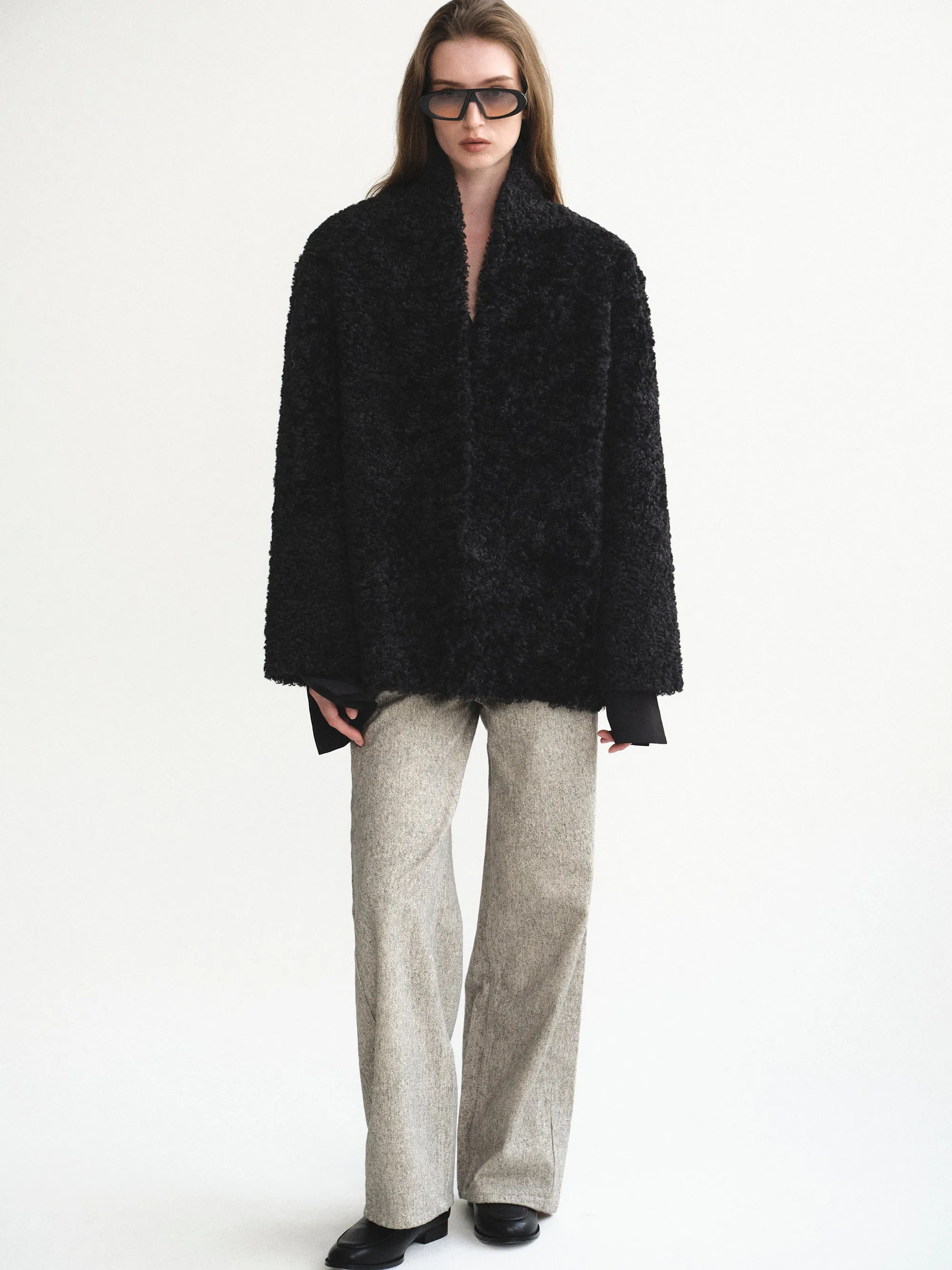 Shawl-Collar Shearling Jacket, Black sold by Source Unknown product image thumbnail 3