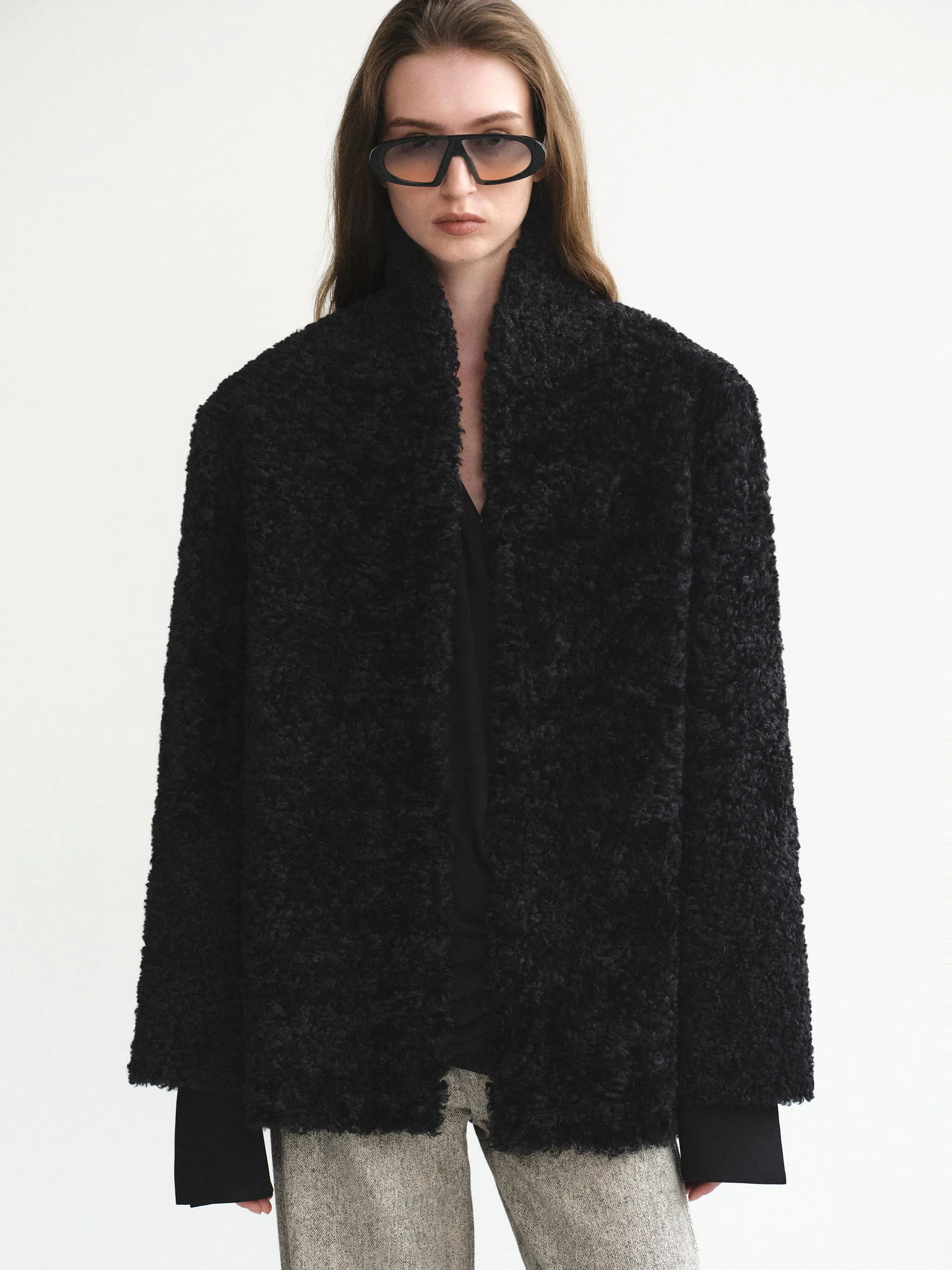Shawl-Collar Shearling Jacket, Black sold by Source Unknown product image thumbnail 4