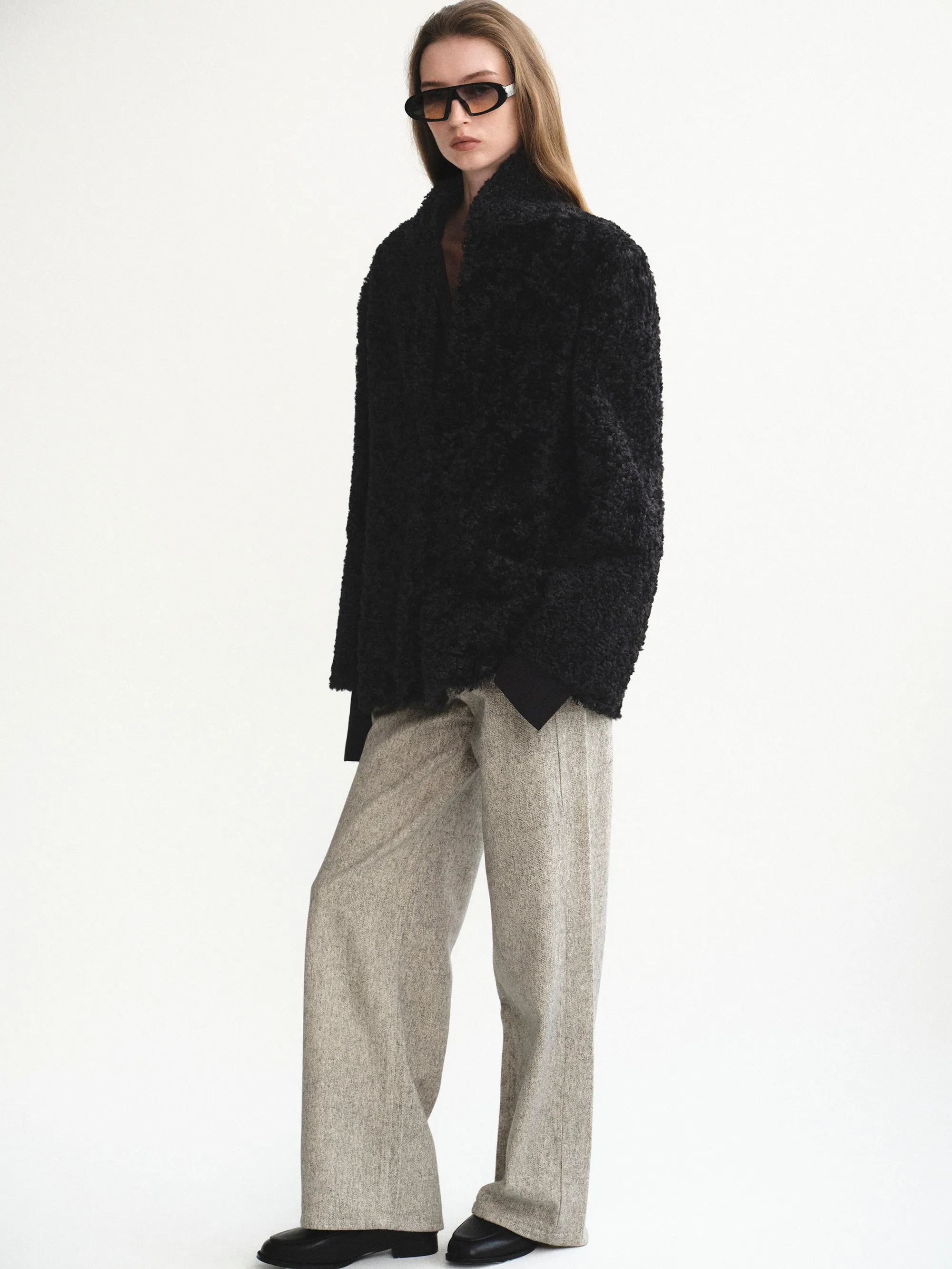 Shawl-Collar Shearling Jacket, Black sold by Source Unknown product image thumbnail 5