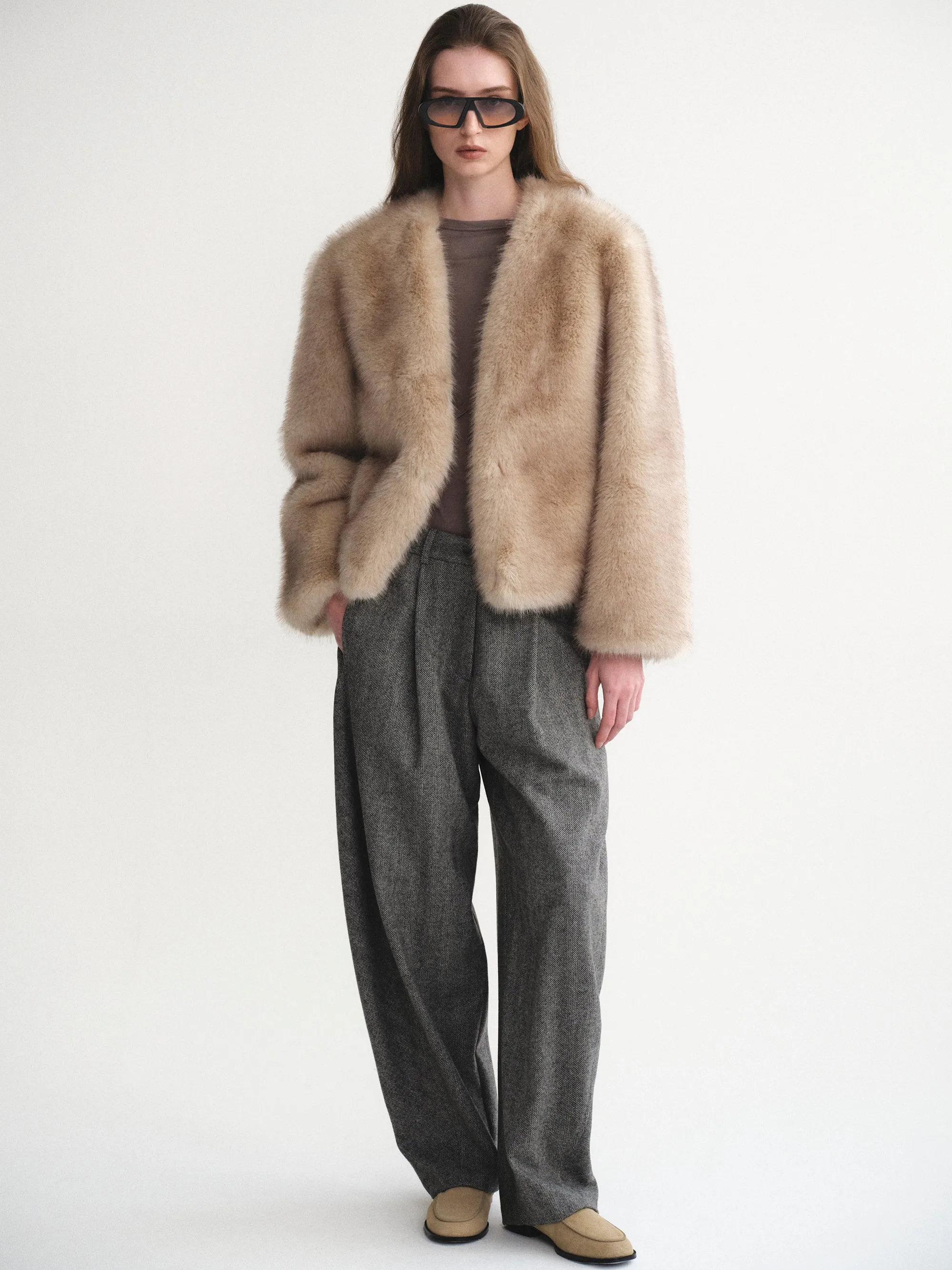 Collarless Faux-Fur Jacket, Natural sold by Source Unknown