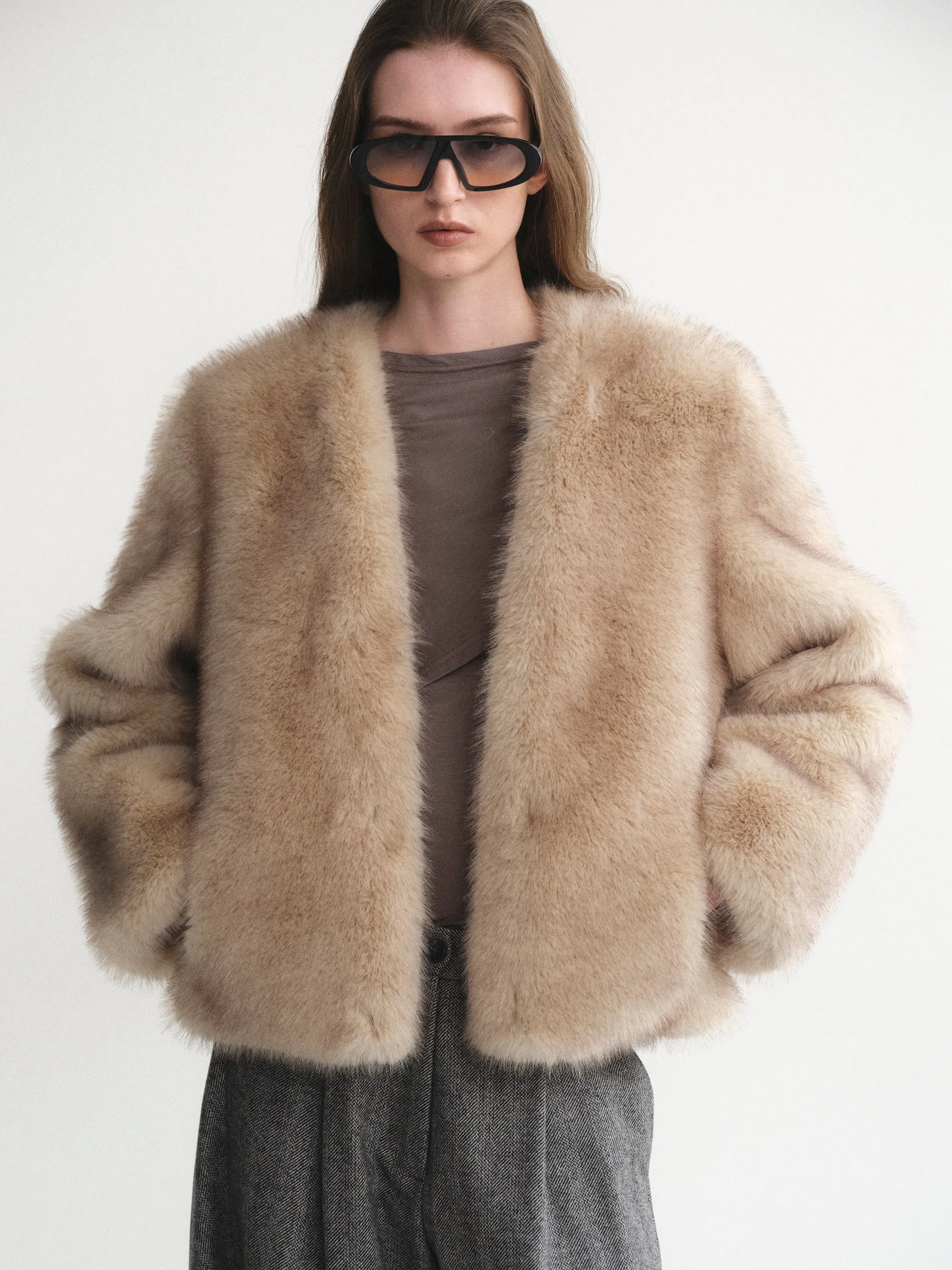 Collarless Faux-Fur Jacket, Natural sold by Source Unknown product image thumbnail 3