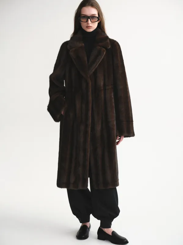 Notched Lapel Faux-Fur Coat, Chocolate sold by Source Unknown