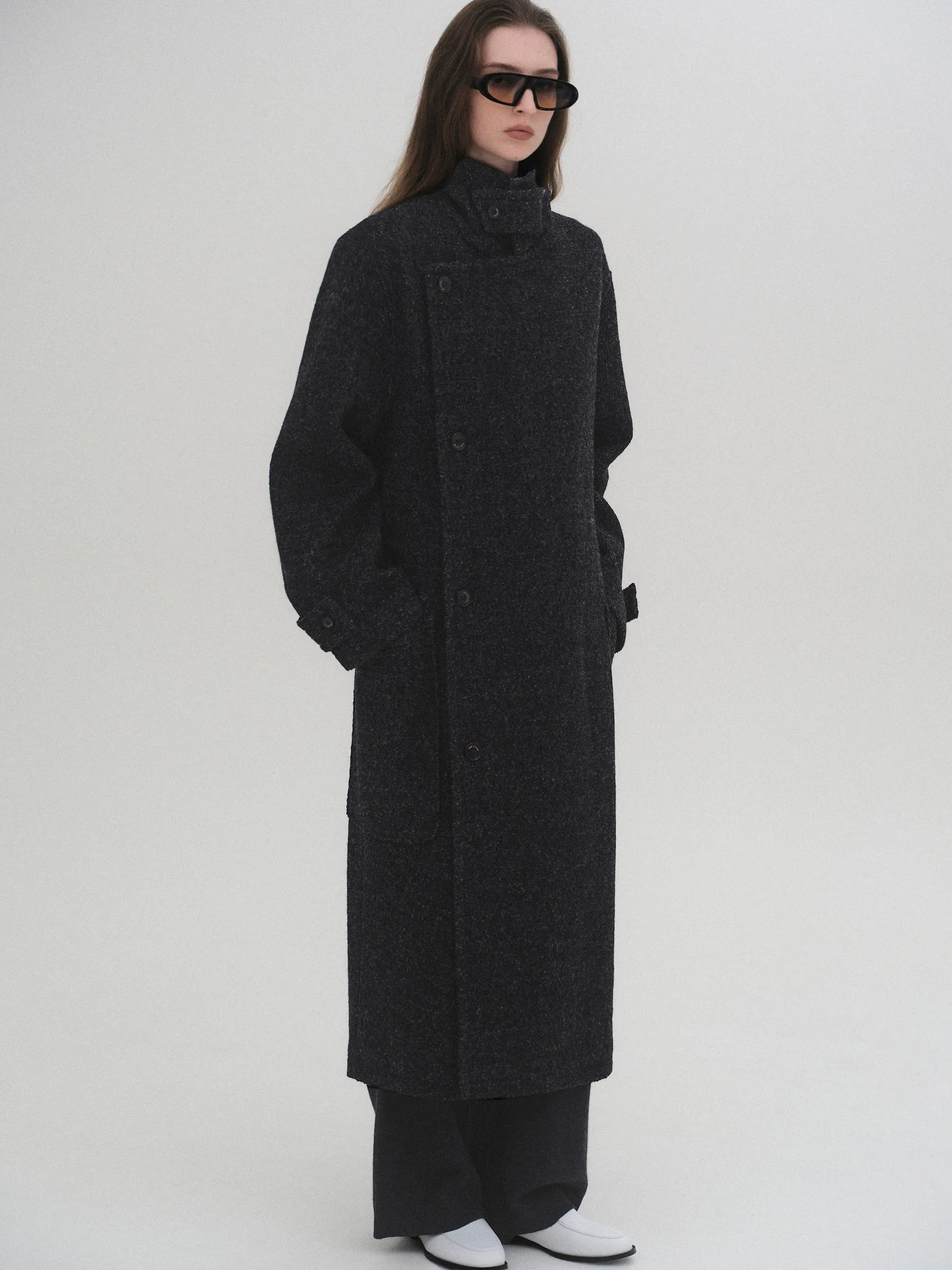 Belted Wool Trench Coat, Charcoal sold by Source Unknown