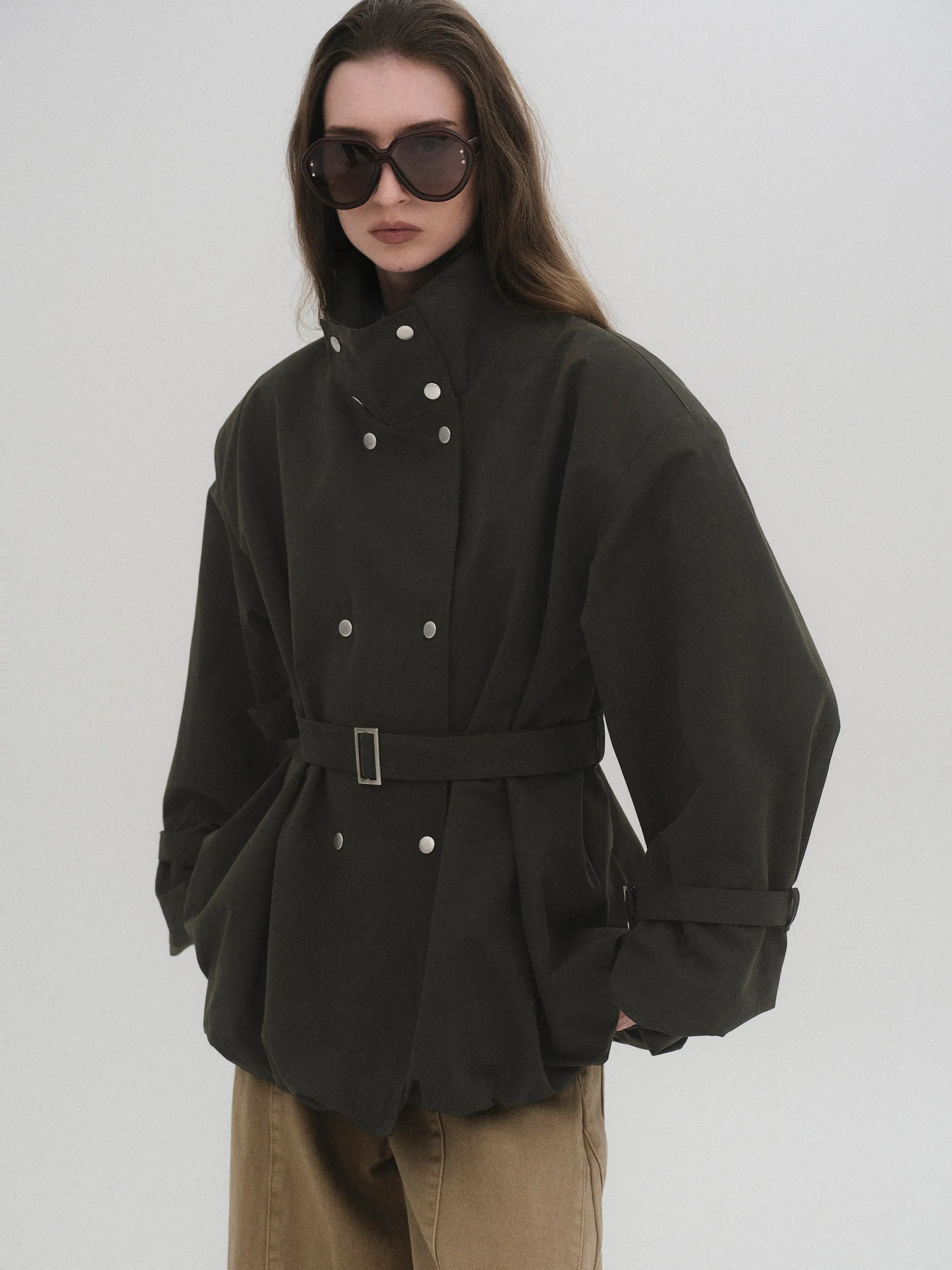 Balloon Short Trench Jacket, Olive sold by Source Unknown