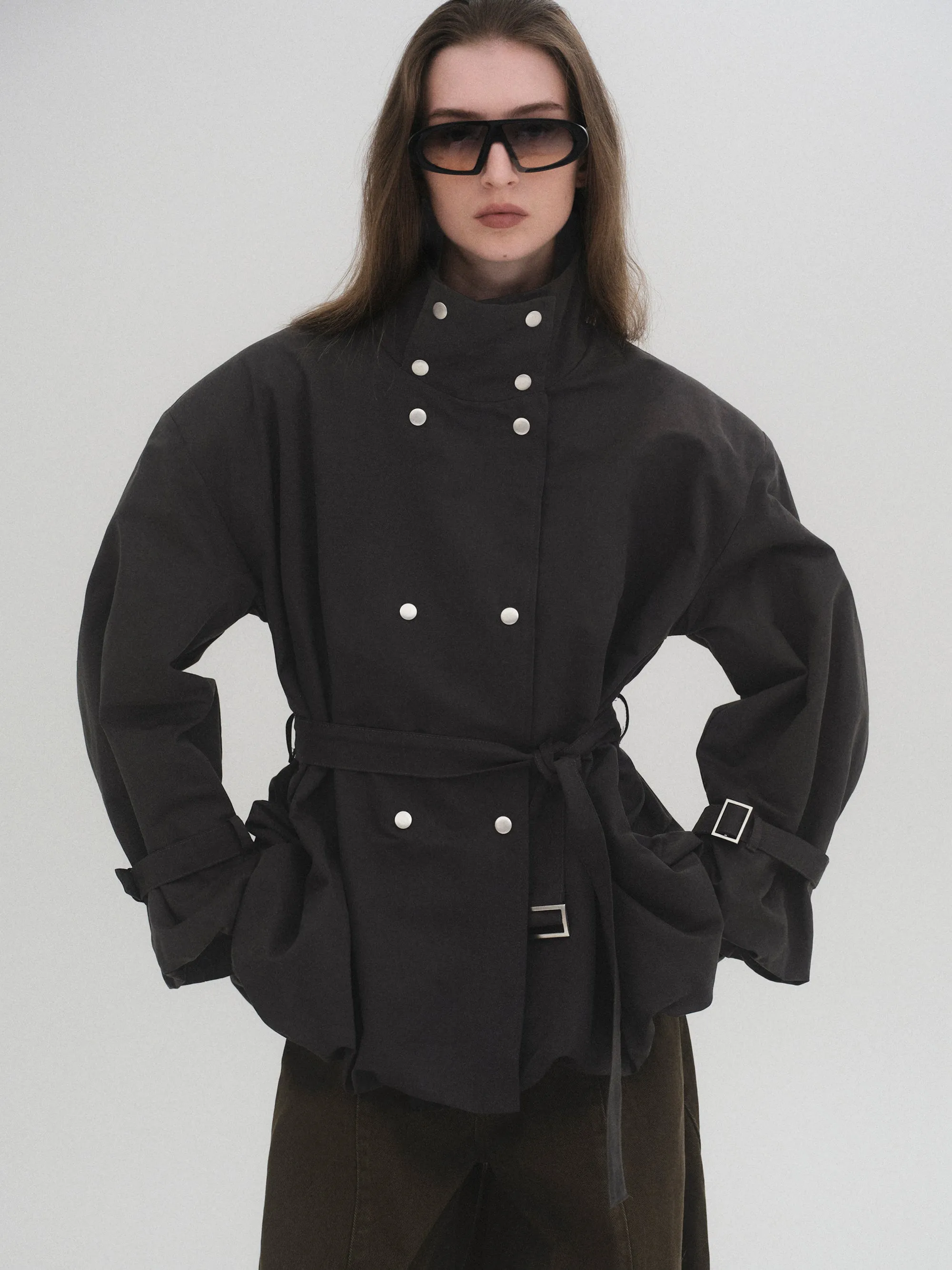 Balloon Short Trench Jacket, Charcoal sold by Source Unknown
