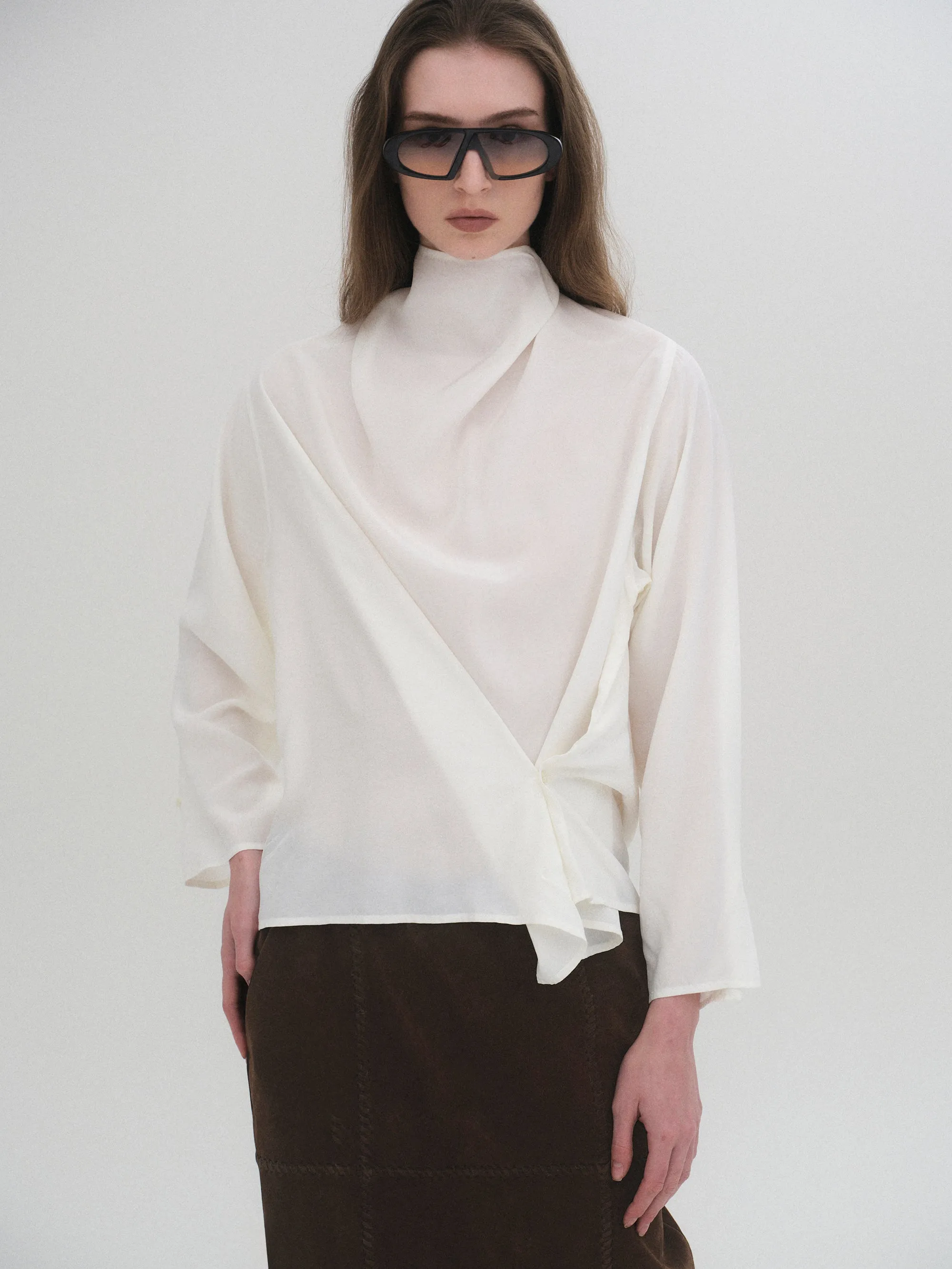Cowl-Neck Drape Blouse, White sold by Source Unknown