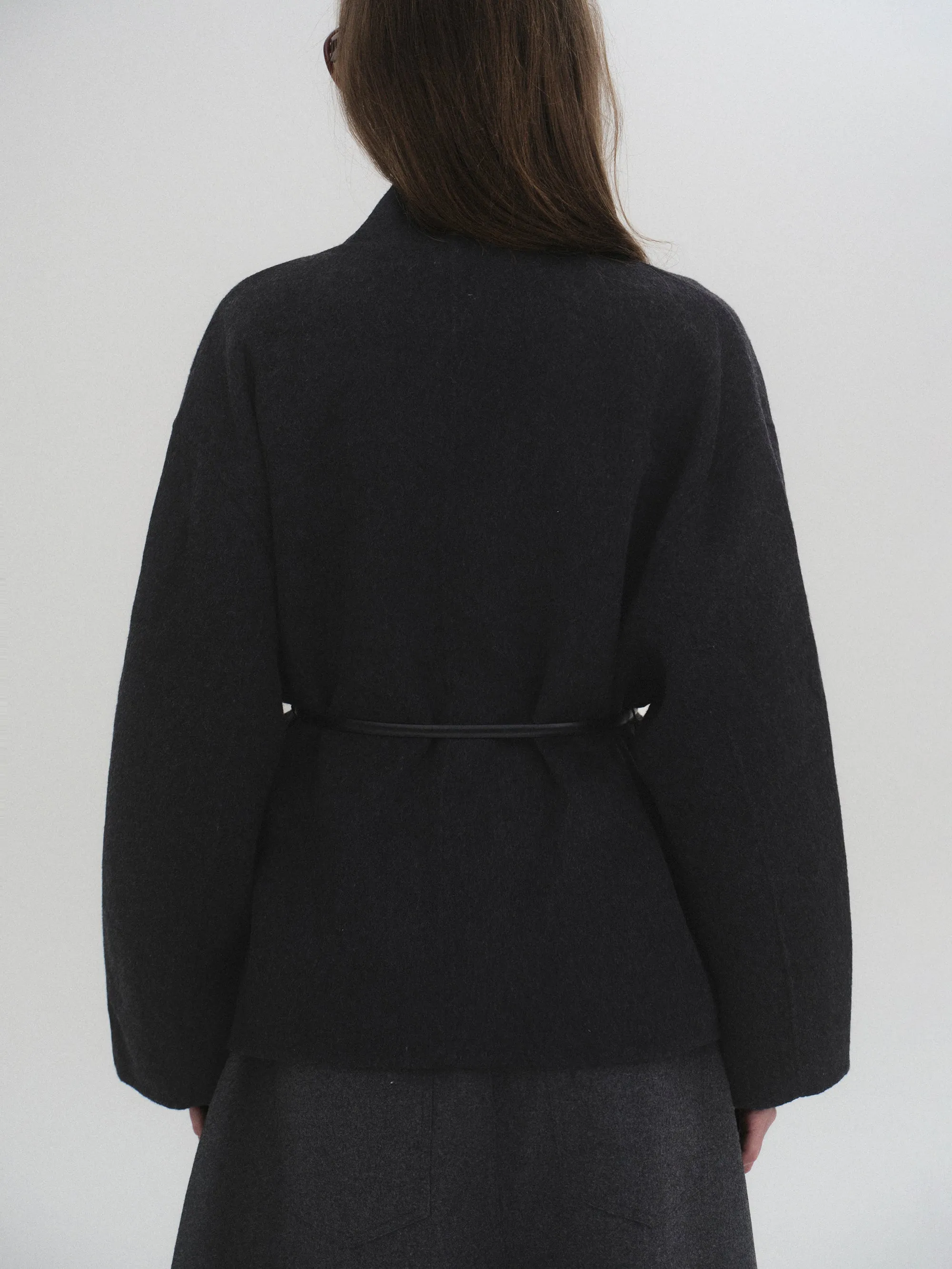 Belted Shawl-Collar Coat, Charcoal sold by Source Unknown product image thumbnail 3
