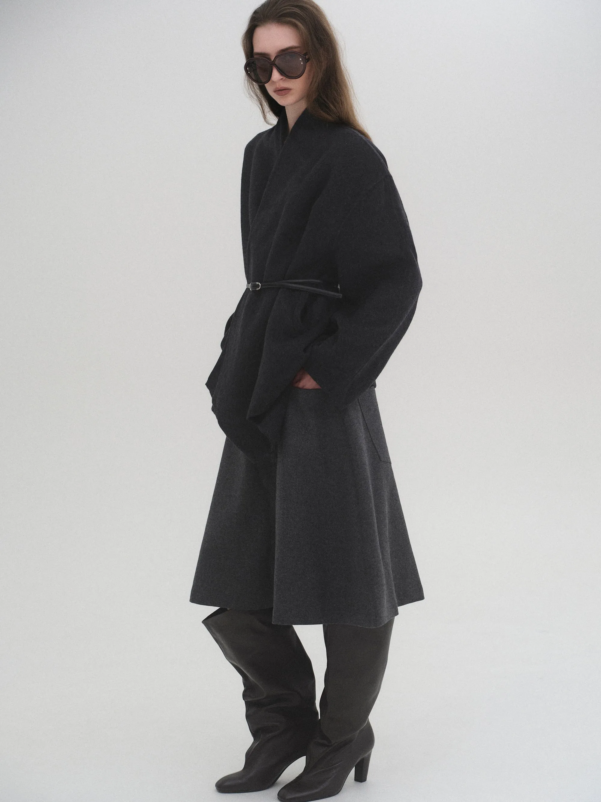 Belted Shawl-Collar Coat, Charcoal sold by Source Unknown product image thumbnail 2