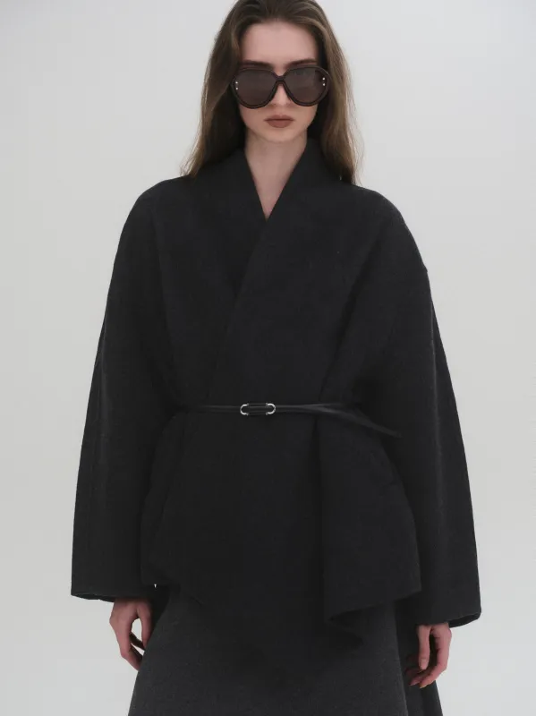 Belted Shawl-Collar Coat, Charcoal sold by Source Unknown
