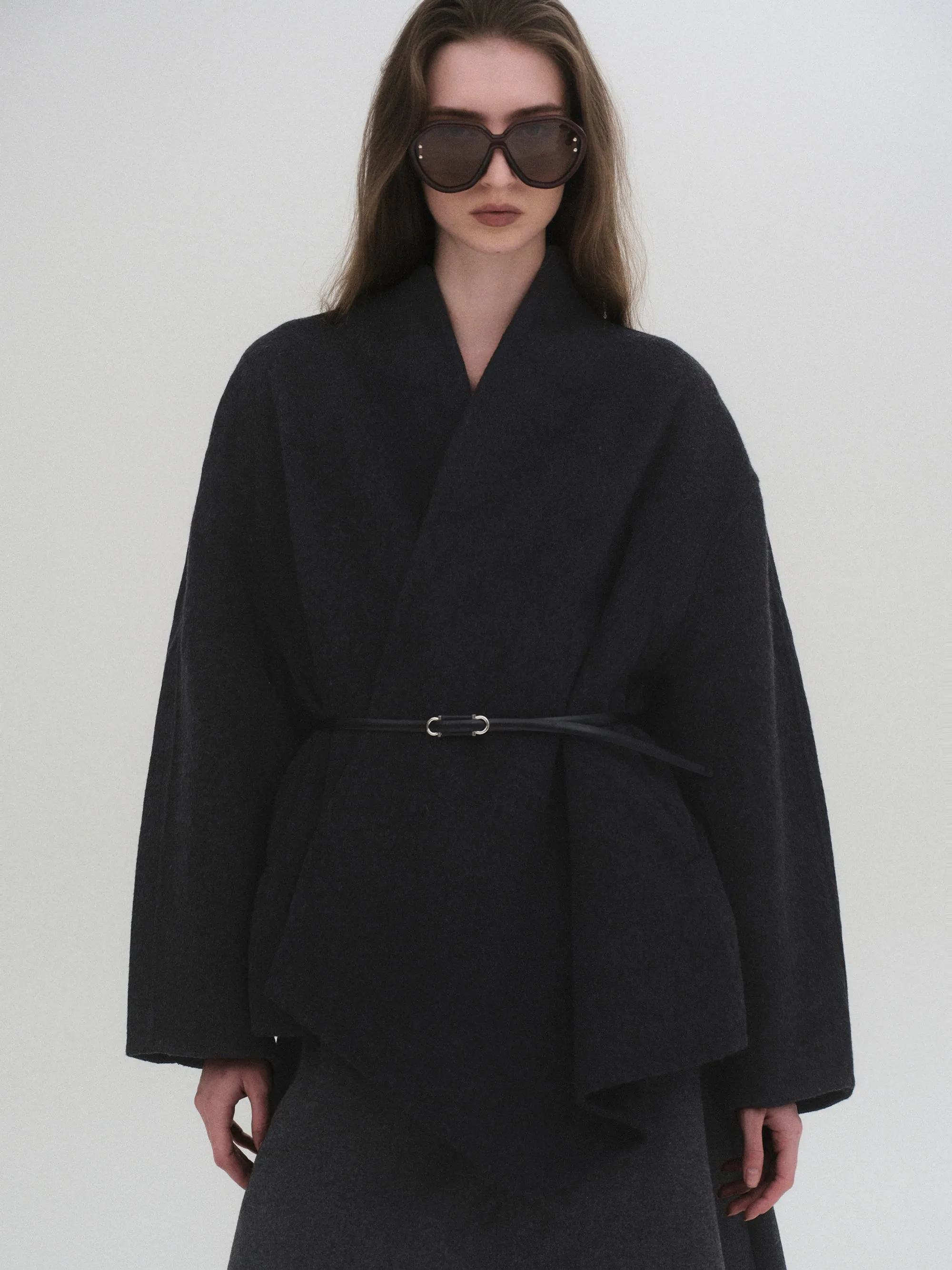 Belted Shawl-Collar Coat, Charcoal sold by Source Unknown