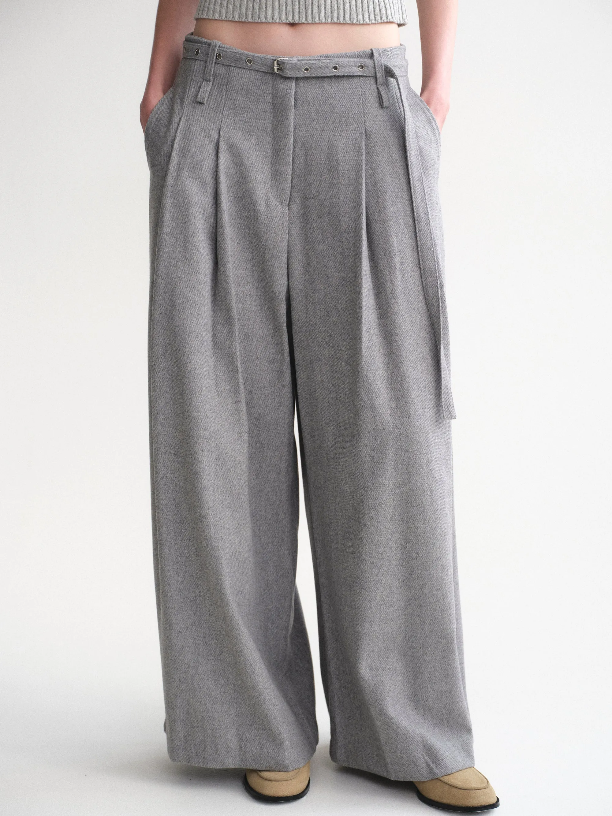 Belted Wool Trousers, Grey sold by Source Unknown