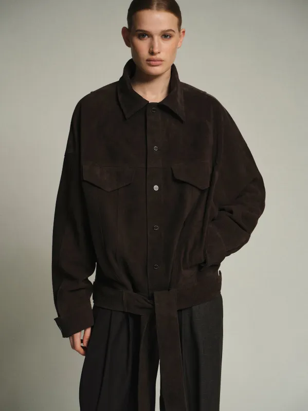 Belted Suede Leather Jacket, Chocolate sold by Source Unknown