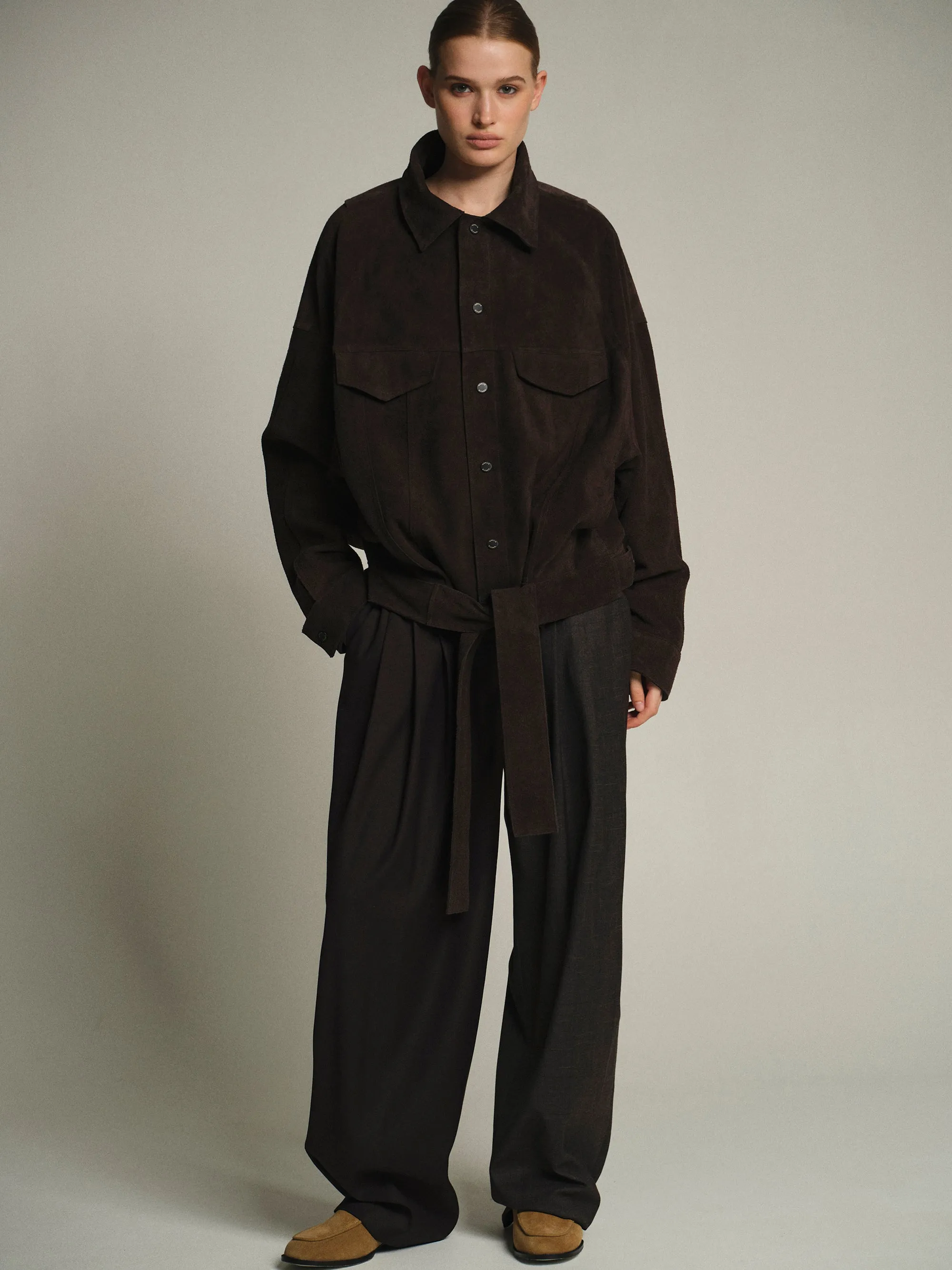 Belted Suede Leather Jacket, Chocolate sold by Source Unknown product image thumbnail 2