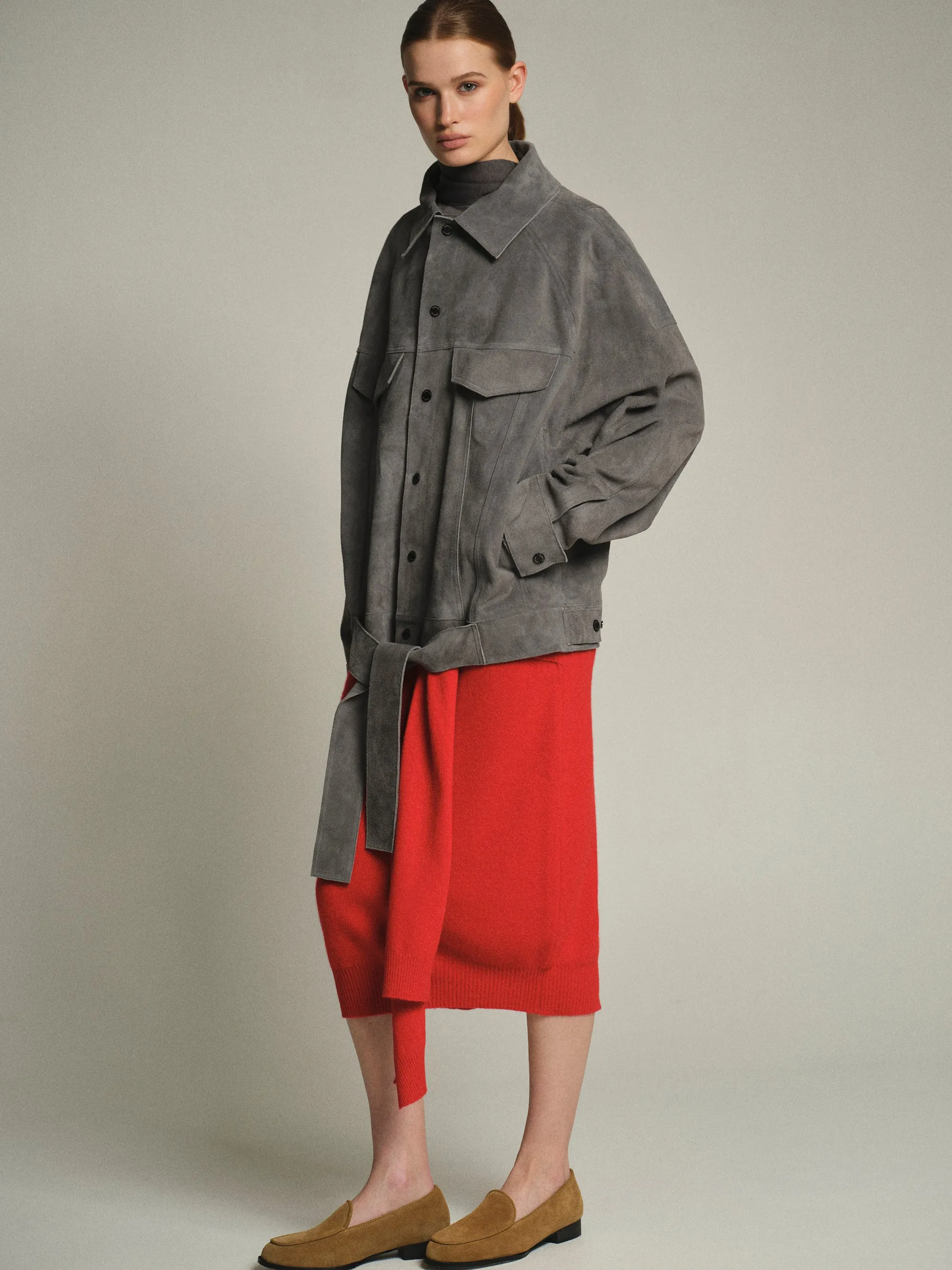 Belted Suede Leather Jacket, Grey sold by Source Unknown product image thumbnail 2