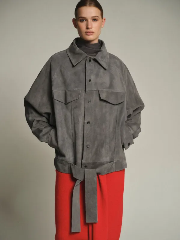 Belted Suede Leather Jacket, Grey sold by Source Unknown