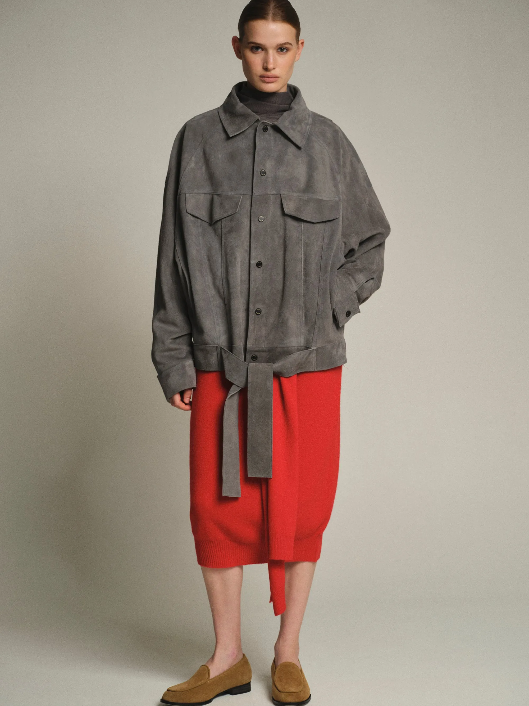 Belted Suede Leather Jacket, Grey sold by Source Unknown product image thumbnail 3