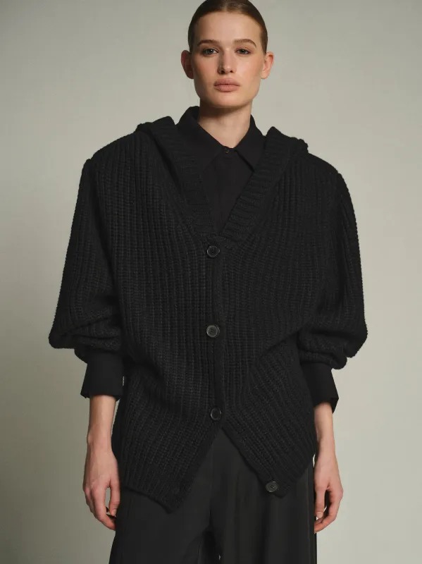 Rib Knit Hooded Cardigan, Black sold by Source Unknown