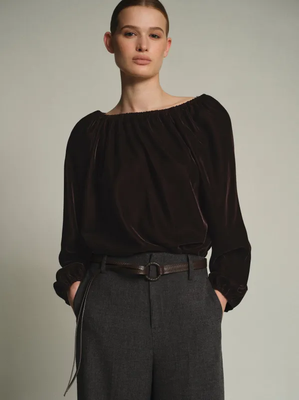 Gathered Velvet Blouse, Chocolate sold by Source Unknown