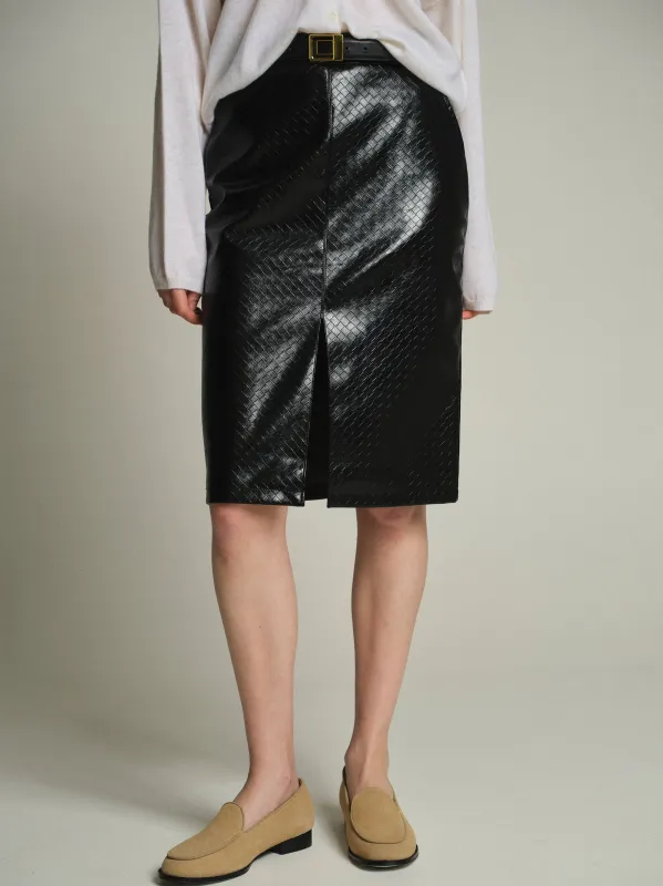 Belted Faux-Leather Midi Skirt, Black sold by Source Unknown
