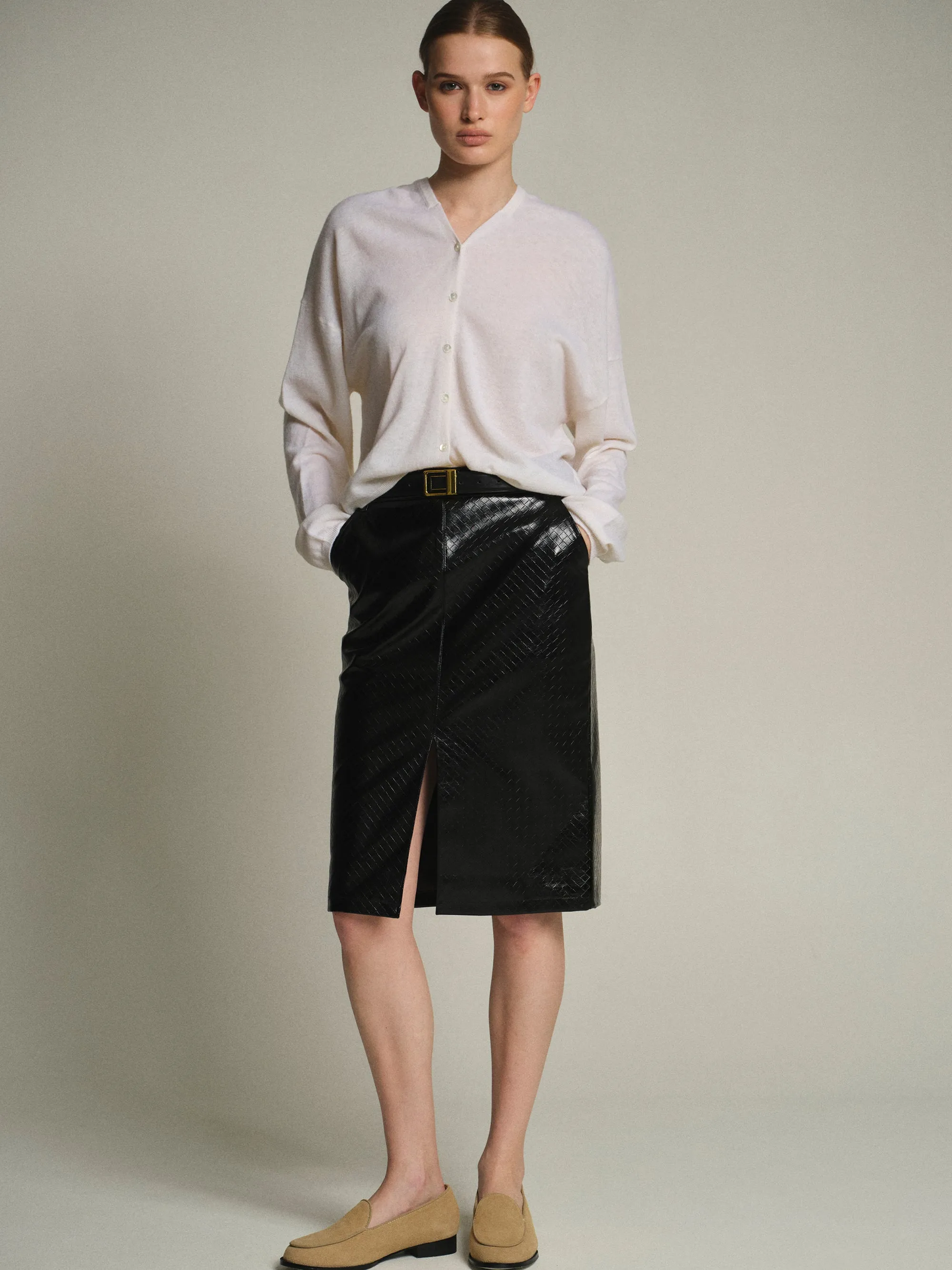 Belted Faux-Leather Midi Skirt, Black sold by Source Unknown product image thumbnail 3