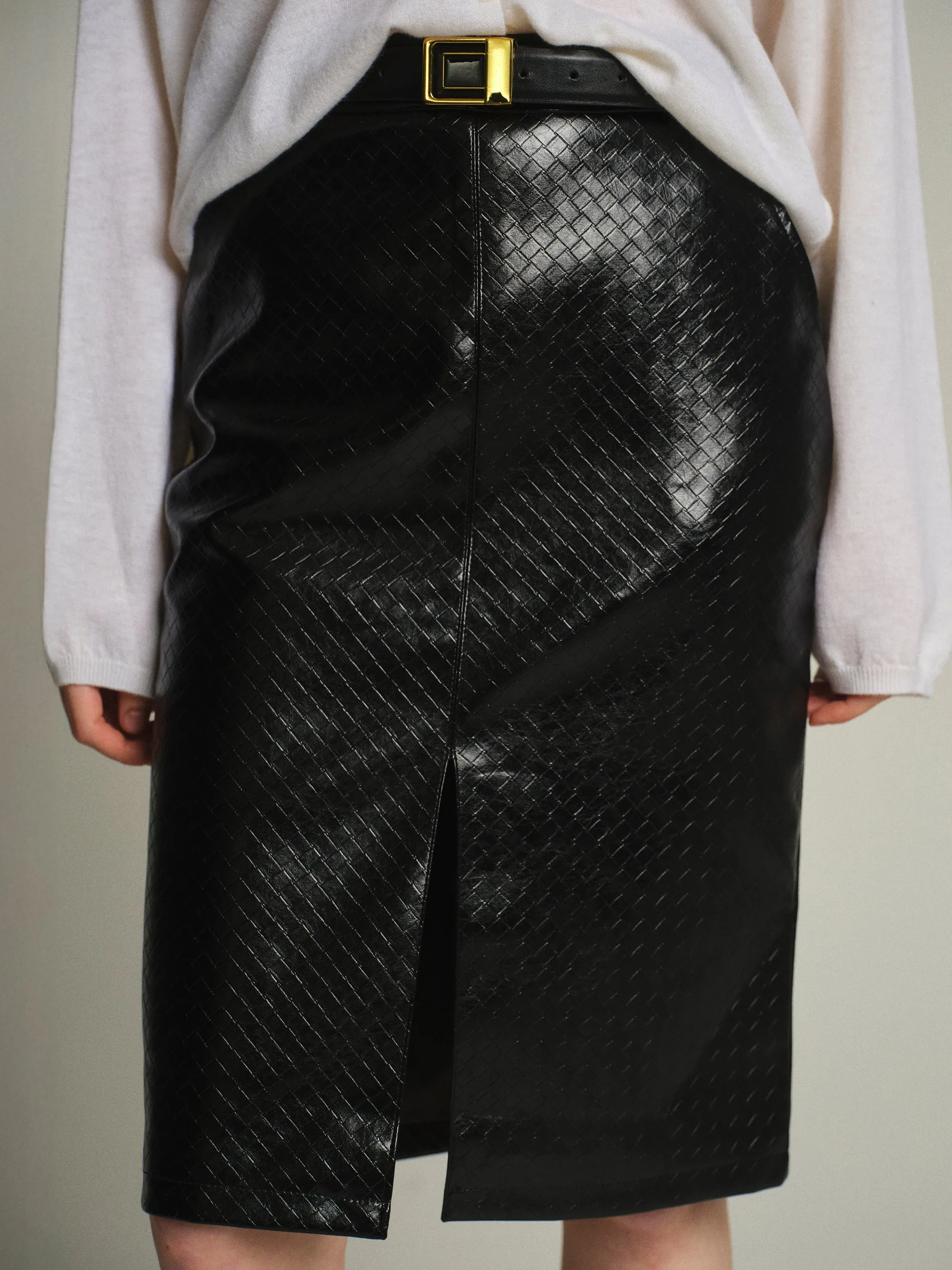 Belted Faux-Leather Midi Skirt, Black sold by Source Unknown product image thumbnail 2