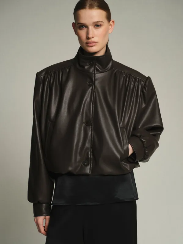 Lalisa Ruched Faux-Leather Bomber, Dark Brown sold by Source Unknown
