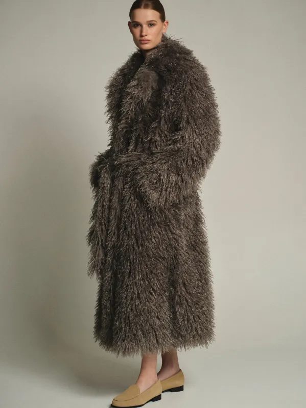 Long Belted Plush Coat, Sage sold by Source Unknown